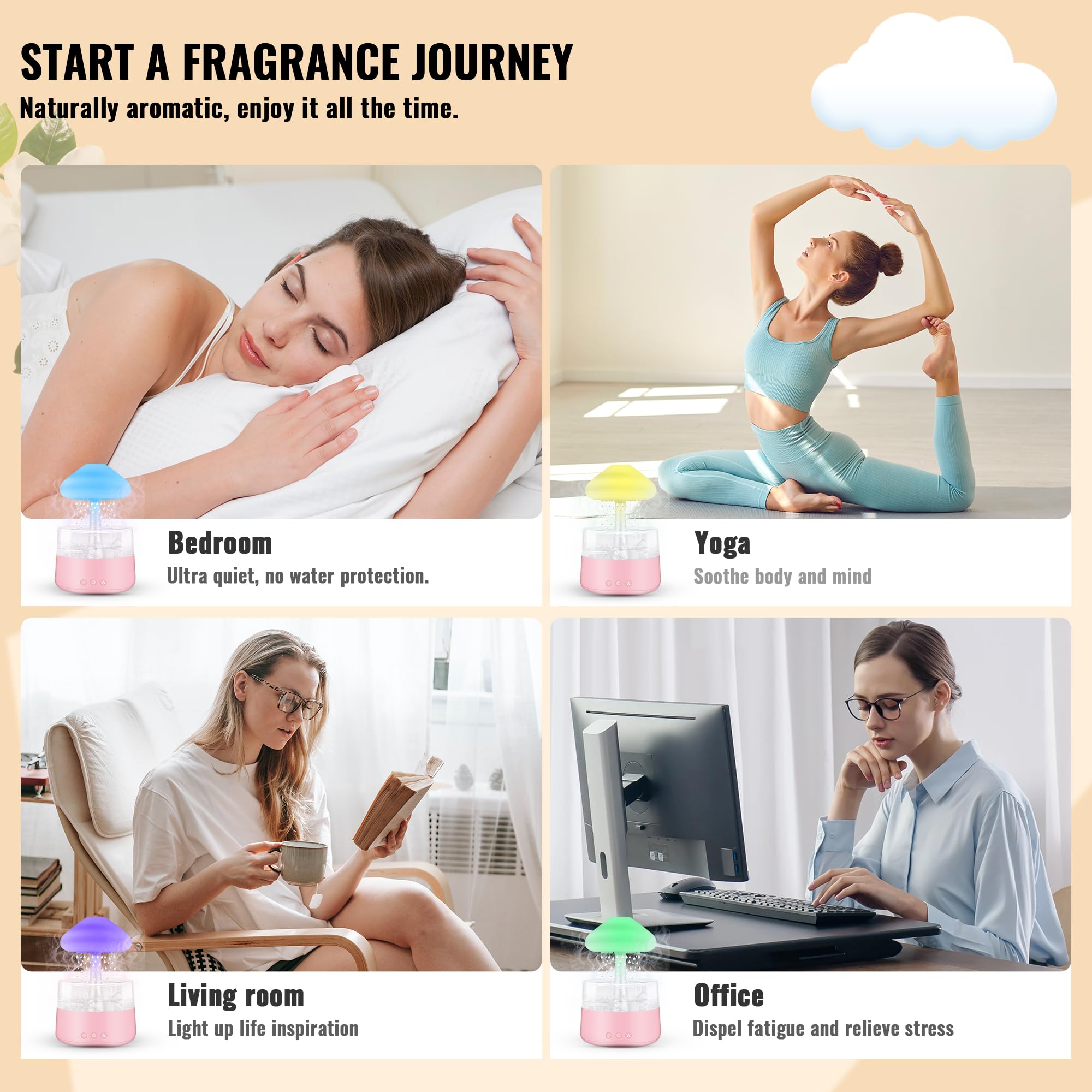 Rain Cloud Humidifier with Essential Oils - 7 Color Changing Night Light, Mushroom Shape Cool Mist Diffuser for Bedroom & Office - Pink Water Drop Sound Humidifier for Relaxation, Baby Nursery & Yoga Room
