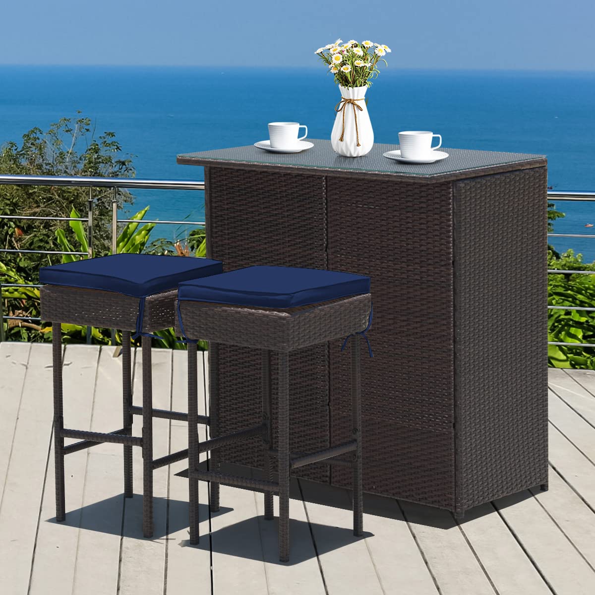 Tangkula 3-Piece Outdoor Patio Bar Set - Rattan Wicker Bar Table with 2 Cushioned Stools & Glass Top - Navy & Off White - Perfect for Backyard, Garden, Poolside & Outdoor Entertaining