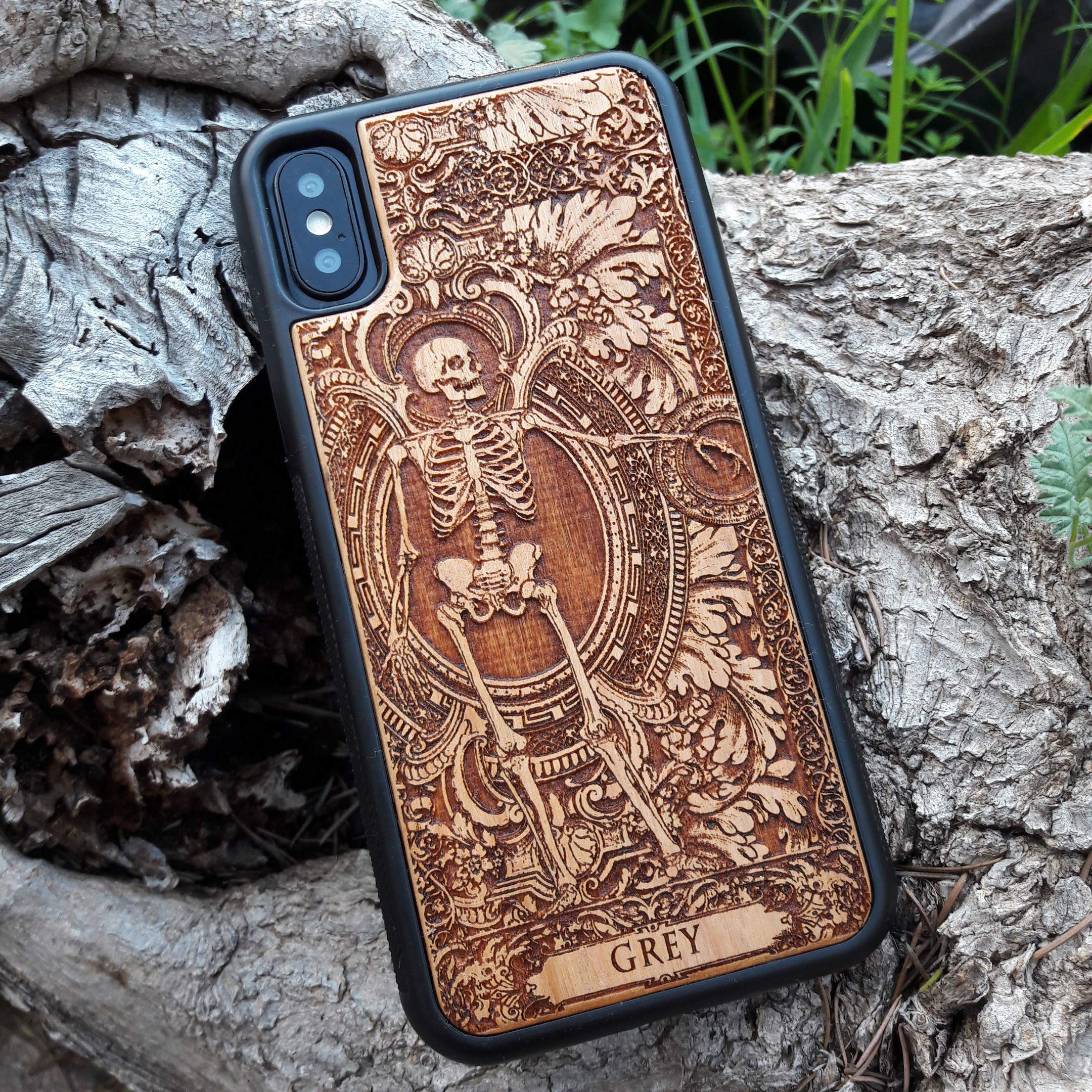 Custom Engraved Wooden Phone Case for iPhone 16/15/14/13/12/11 Pro Max Mini & Galaxy S25/S24/S23/S22/S21/S20 Ultra Plus - Personalized Skeleton Couple Design 'Till Death Do Us Part' - Eco-Friendly Slim Durable Wood Cover - Perfect for Couples, Anniversaries & Romantic Gifts