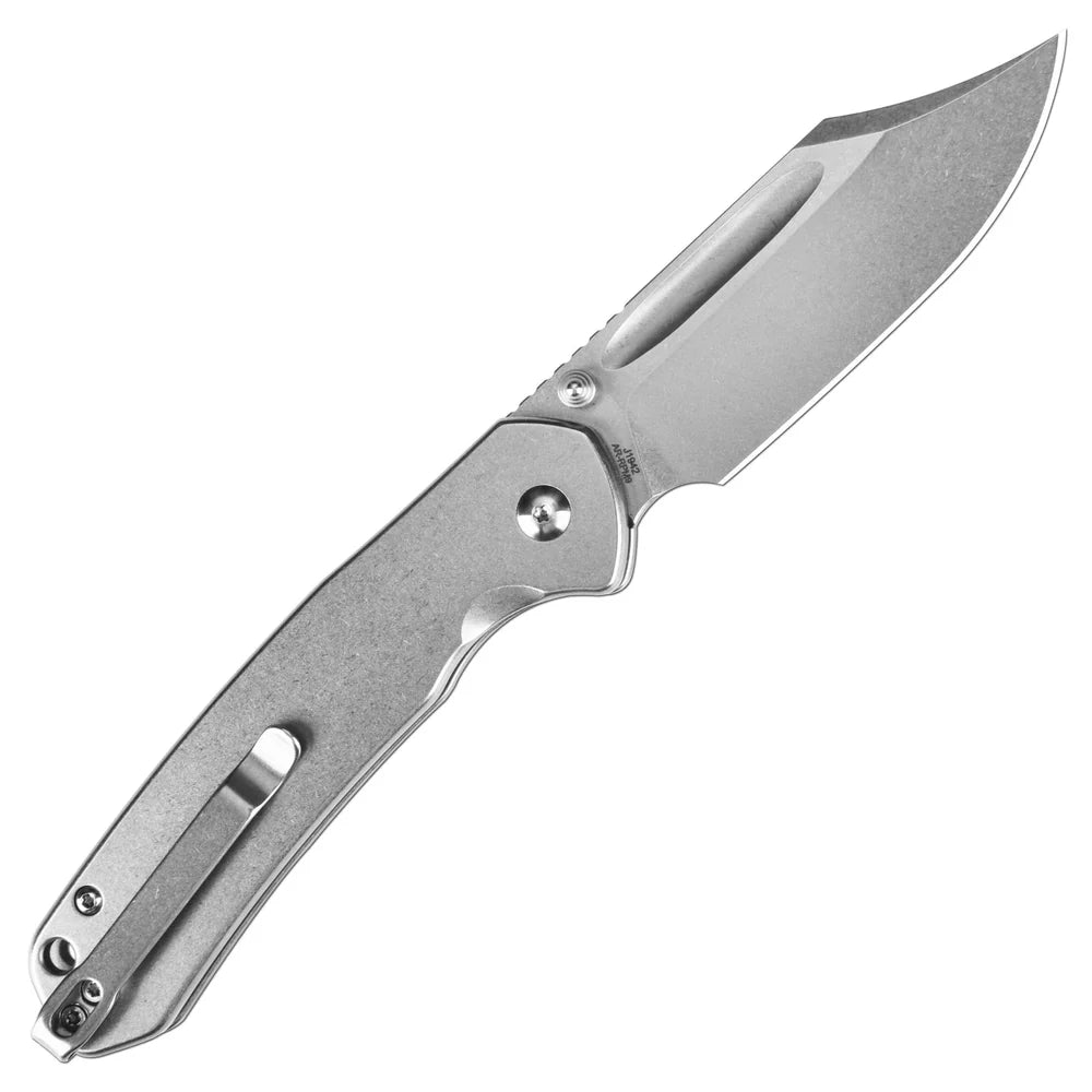 CJRB Pyrite Button Lock Folding Knife - 1942ST Bowie Drop Point Blade, Stainless Steel Handle - EDC, Outdoor Camping & Survival Tool