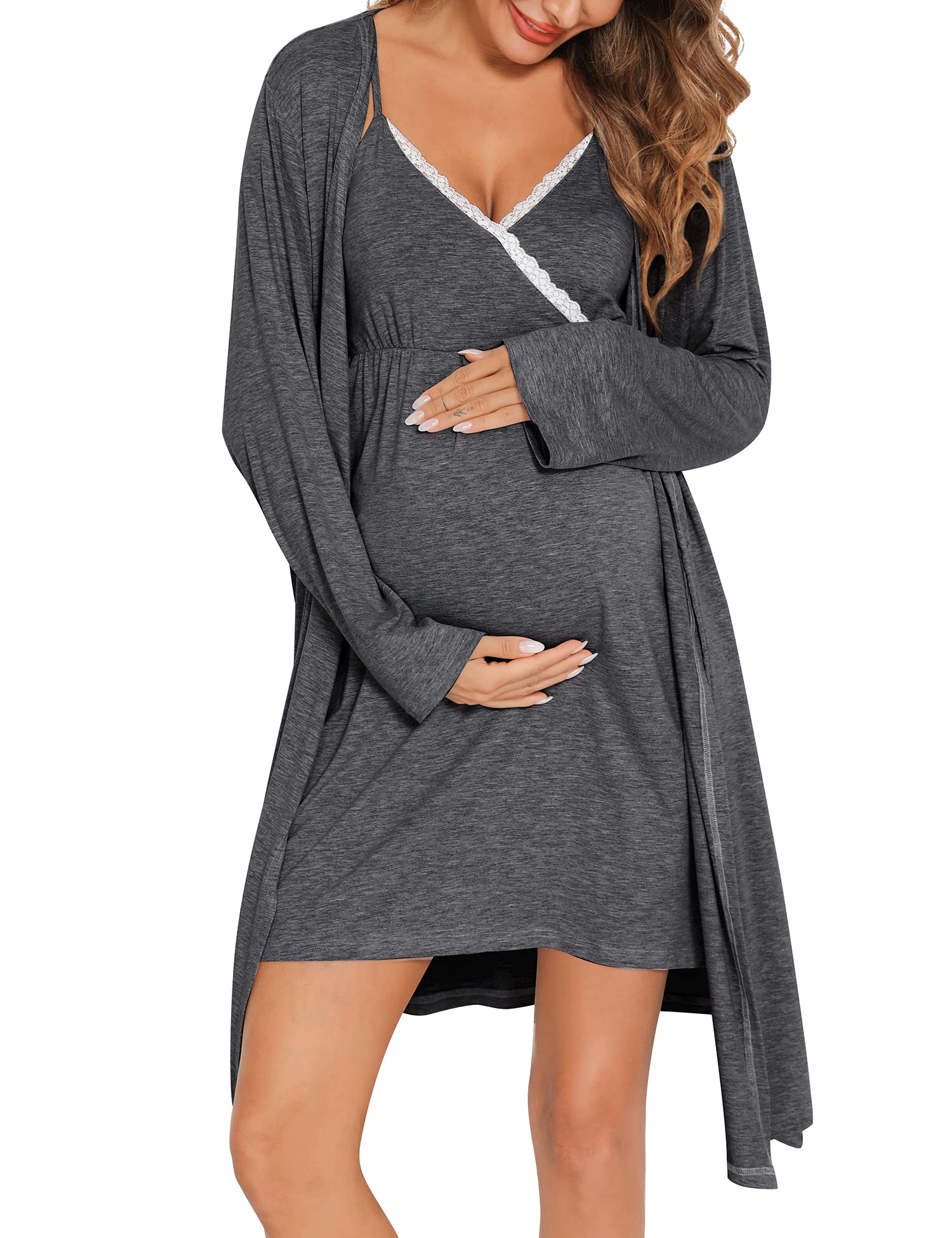 SWOMOG Women's Maternity Robe - 3 in 1 Nursing Nightgown & Lace Bathrobe for Breastfeeding, Labor & Delivery - Soft Postpartum Lounge Dress for Hospital Stay & Home Comfort