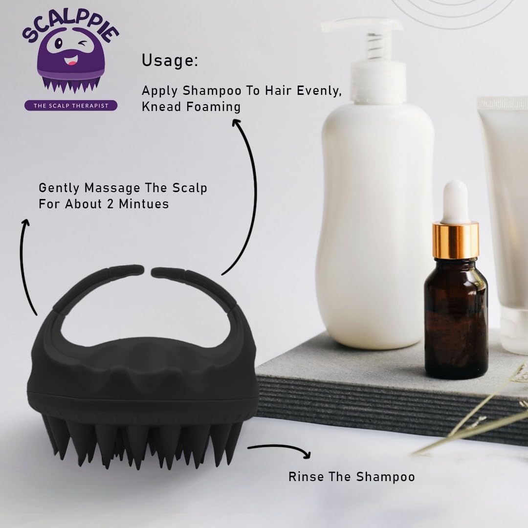 SCALPPIE Silicone Scalp Massager & Shampoo Brush for Hair Growth - Dandruff Prevention - Charcoal Black Head Massager for Relaxation & Improved Circulation - Perfect for Shower, Spa & Home Hair Care