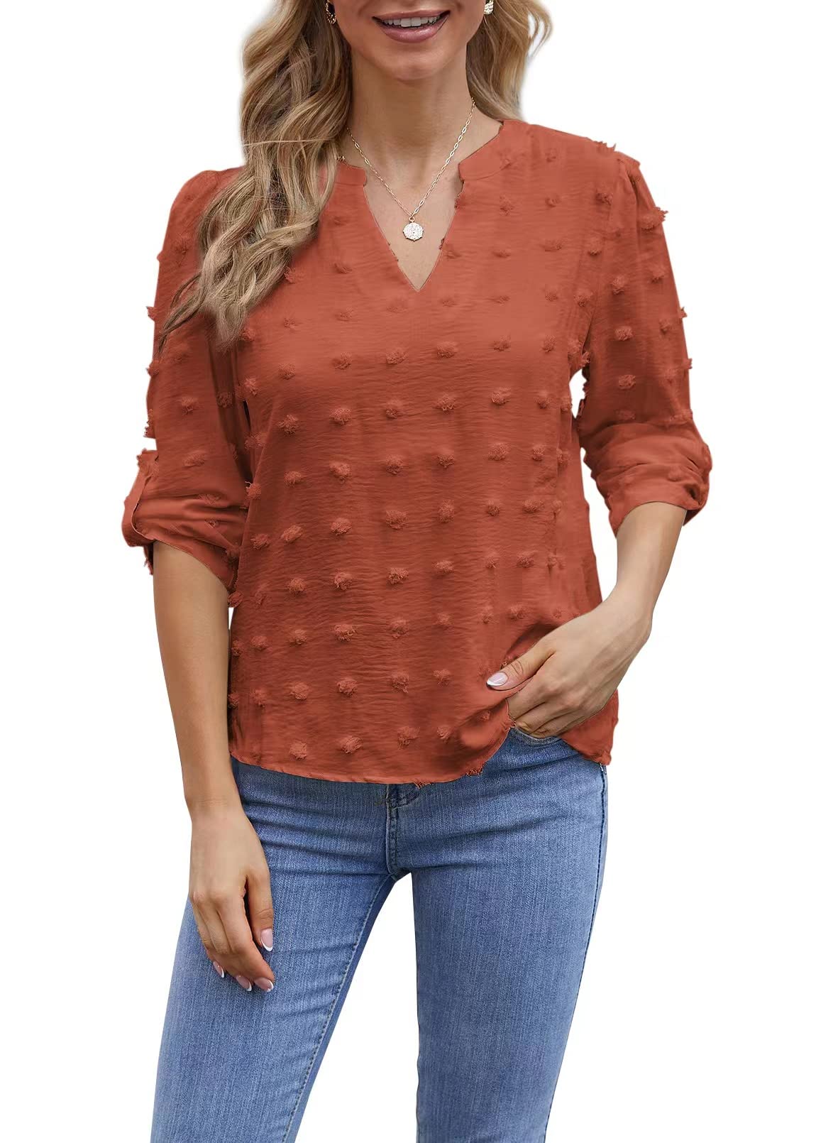 Pkabogbi Women's Casual V-Neck Long Sleeve Swiss Dot Chiffon Blouse - Flowy Loose Fit Tops for Work, Date Night & Spring Outfits