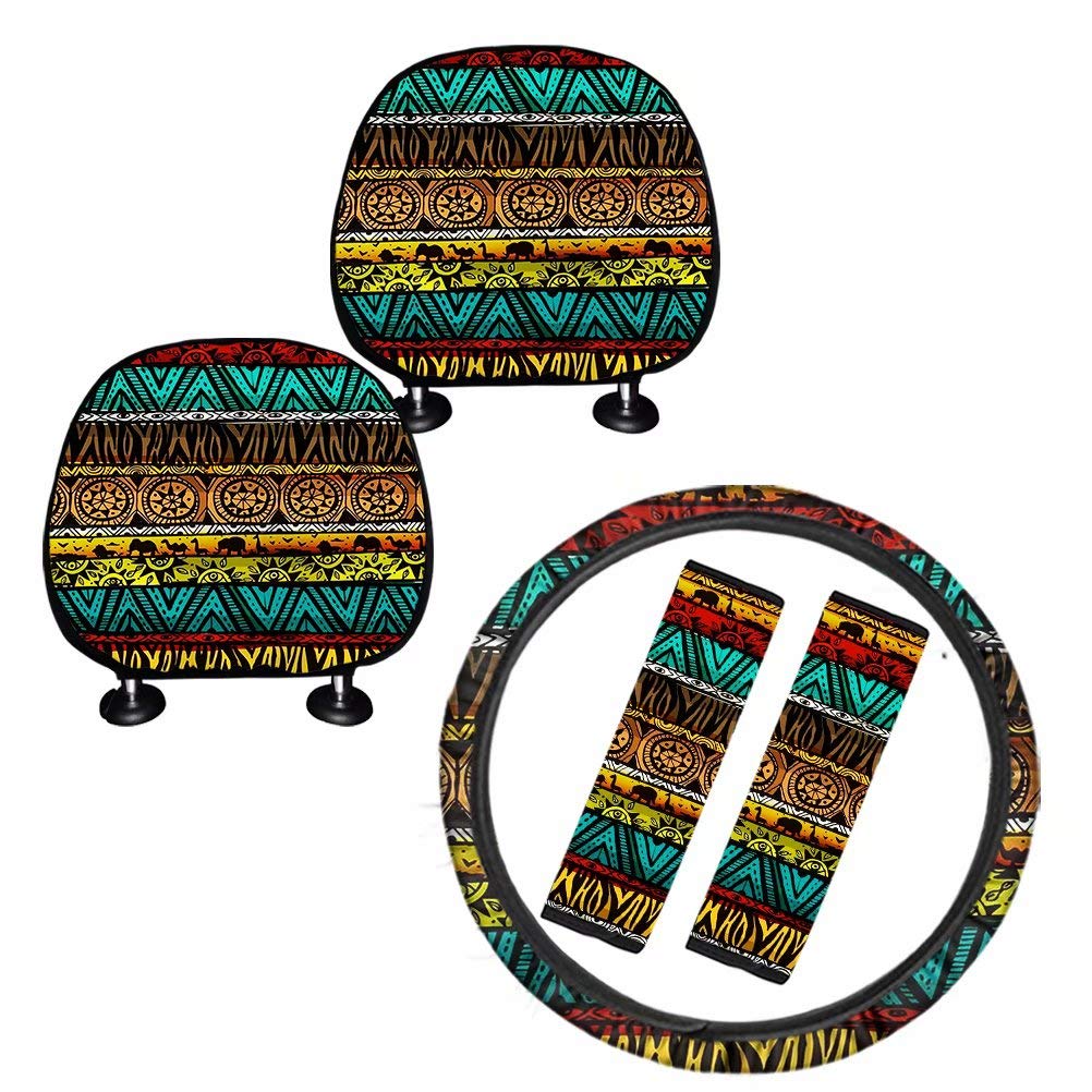 Pensura 5-Piece Tribal Print Car Accessories Set - Headrest Covers, Steering Wheel Cover, Seat Belt Pads & Adjustable Elastic Wraps | Premium Car Interior Protection for SUVs, Sedans & Trucks | Perfect for Road Trips & Daily Commute