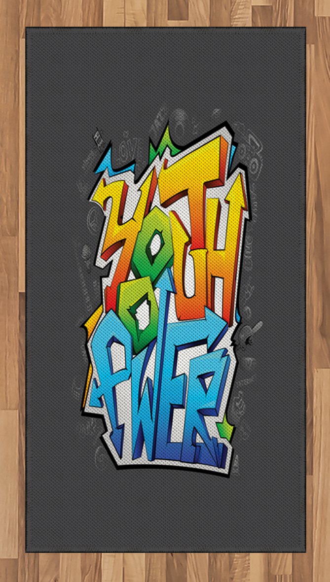 Ambesonne Youth Area Rug - Graffiti Art Themed with Inspirational Words on Abstract Grey Background | Non-Slip Flat Woven Accent Rug for Teen Bedroom, Dorm Room, or Playroom | 2'6