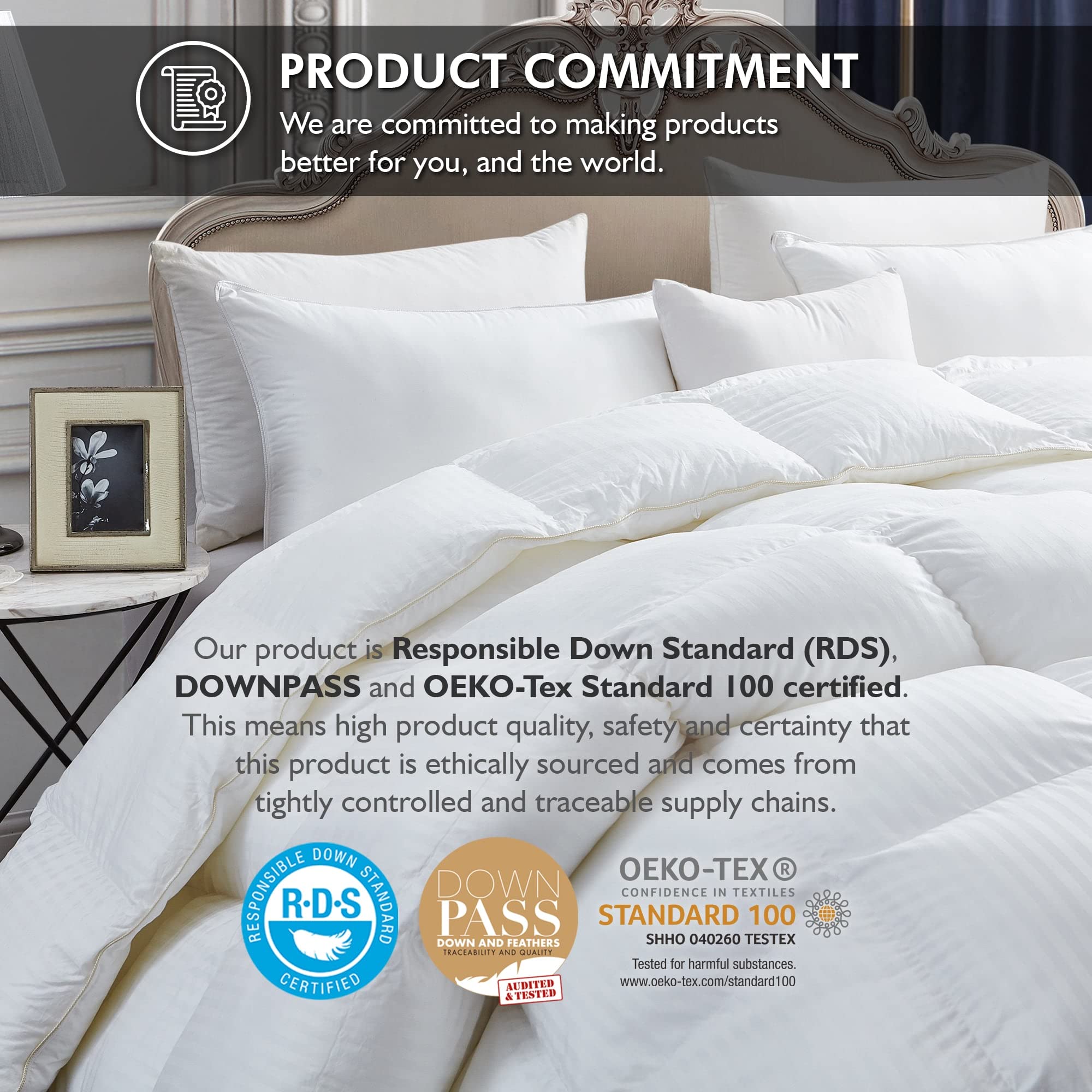Luxurious Queen Size Goose Down Feather Comforter - 100% Egyptian Cotton Cover, 60 oz Fill Weight - Hypoallergenic & Breathable - Perfect for All Seasons (White Stripe) - Ideal for Master Bedrooms, Guest Rooms & Cozy Winter Nights