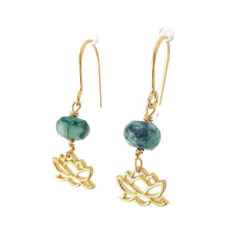 Emerald Lotus Drop Earrings - 14k Gold Filled Dangle Earrings for Women | Perfect for Weddings, Parties & Special Occasions