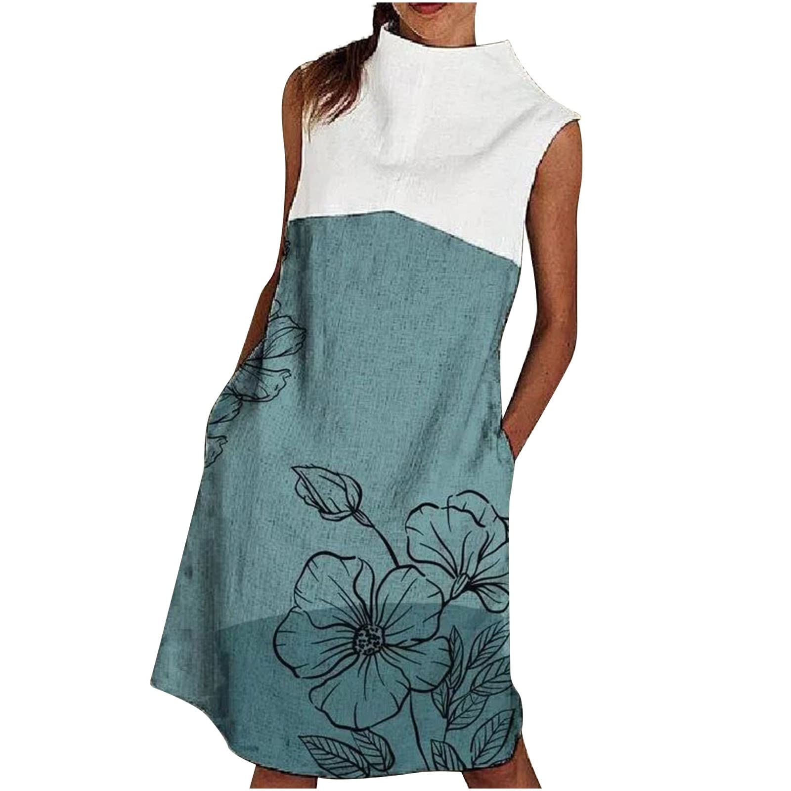 Women's Floral Print Turtleneck Sleeveless Midi Dress - A-Line Summer Sundress with Zipper & Pockets | Casual Beach Wear, Vacation Outfit, Party Dress