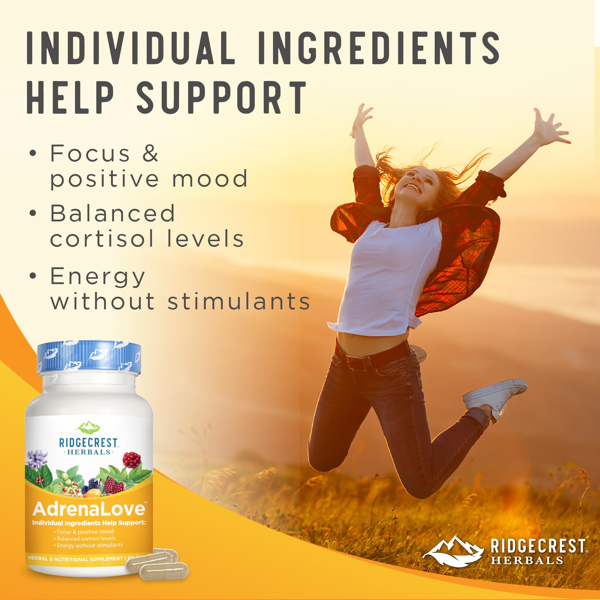 Adrenal Fatigue Supplement with Ashwagandha, L-Theanine & Adaptogens - AdrenaLove by Ridgecrest Herbals (60 Capsules, 30 Servings) for Stress Relief & Energy Support - Perfect for Busy Professionals & Students