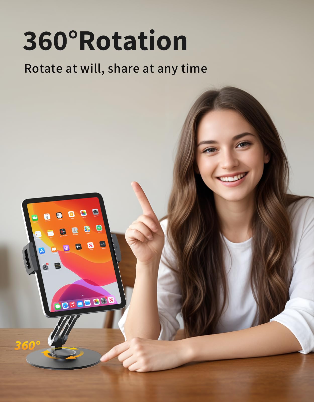 360° Rotating Tablet Stand Holder - Adjustable Height & Dual-Axis Support, Ergonomic iPad Stand for Desk, Foldable Kindle Tablet Holder Compatible with 4-13