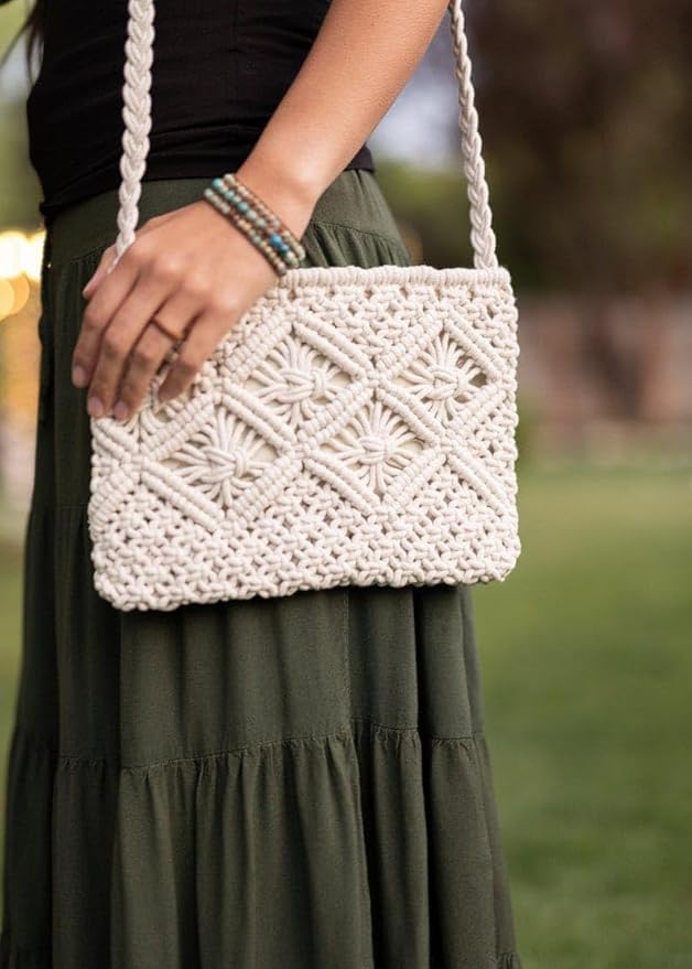 Saaz Cotton Macrame Tote Bag for Women - Handmade Knitted Shoulder Bag, Lightweight Hollow Beach Bag, White - Perfect for Shopping, Travel & Beach Outings
