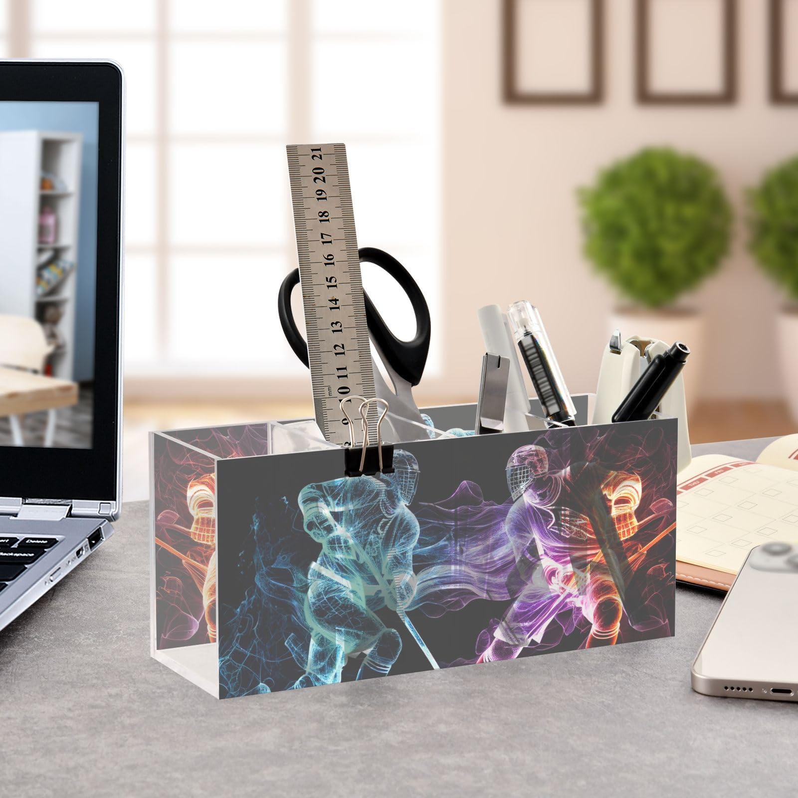 Abstract Hockey Players Acrylic Pen Holder - 4 Compartment Desk Organizer for Pencils, Brushes & Utensils - Personalized Pattern Office & Home Decor - Perfect for Sports Fans, Students & Professionals