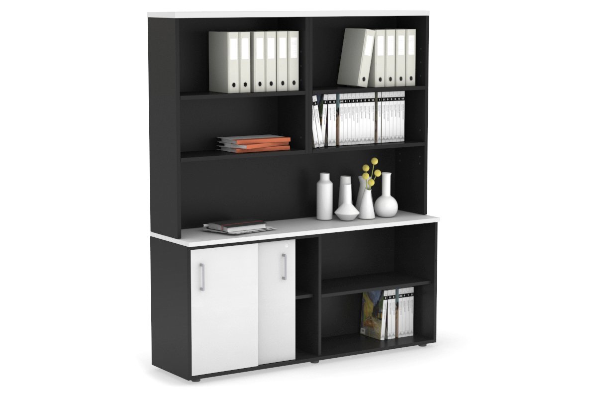 Modern 2-Door Sliding Credenza with Open Storage Hutch - Stylish Home Office & Living Room Furniture for Organization & Display