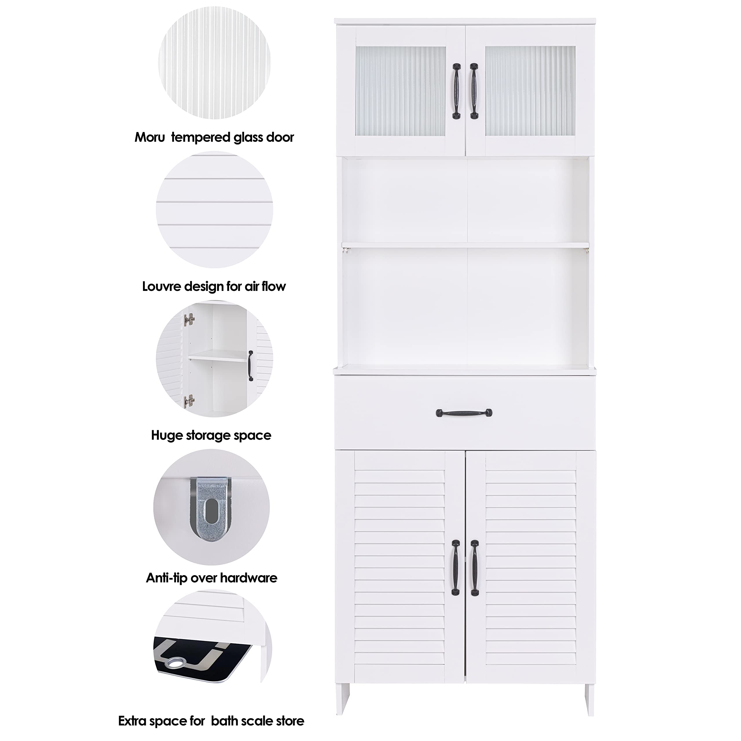 Tall Bathroom Storage Cabinet with Doors & Drawers - White for Bathroom, Living Room, Kitchen