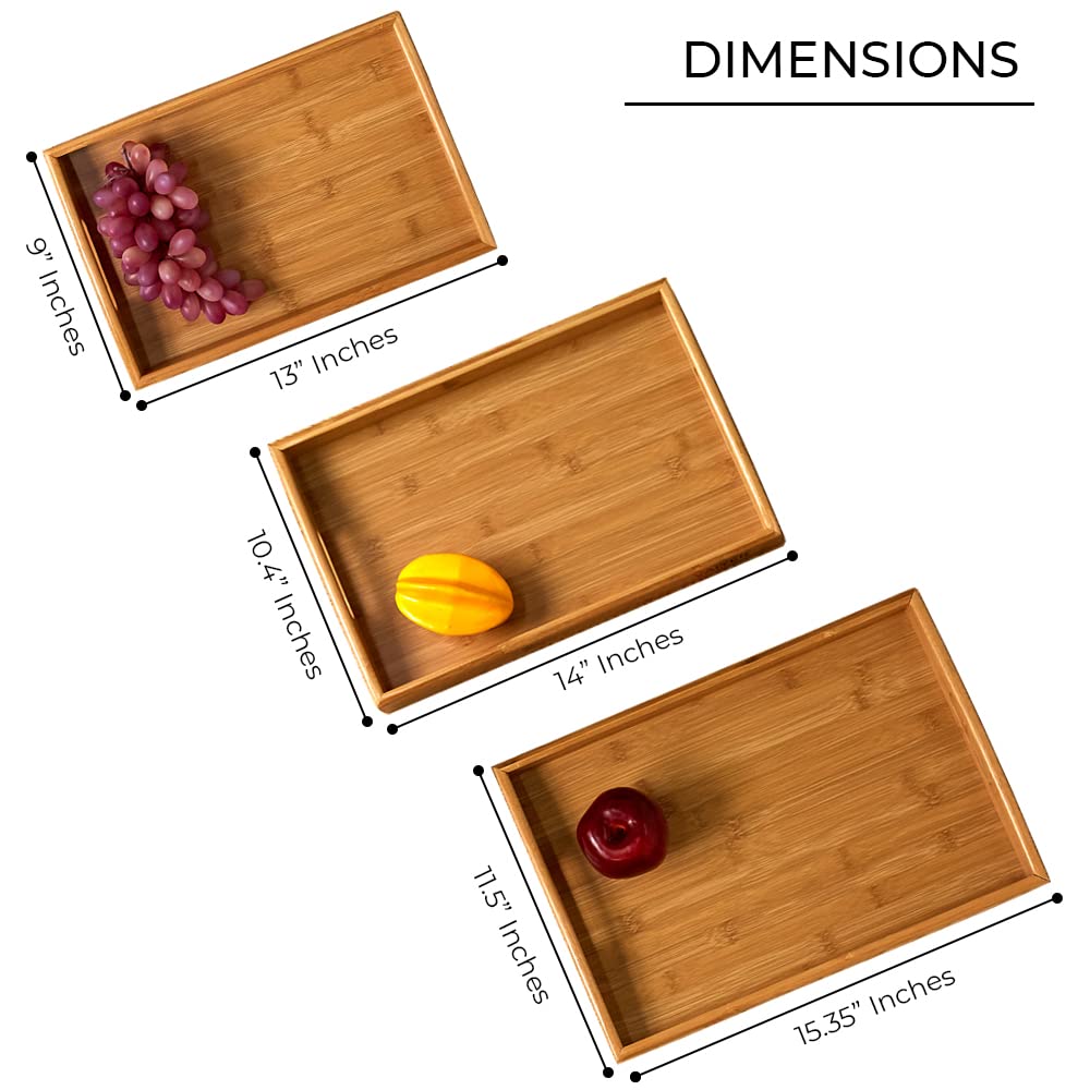Vaiyer Set of 3 Bamboo Breakfast Serving Trays with Handles - Stackable Nesting Serving Platters for Food, Breakfast, Dinner, Coffee Table - Perfect for Home, Parties, Restaurants & Ottoman Serving