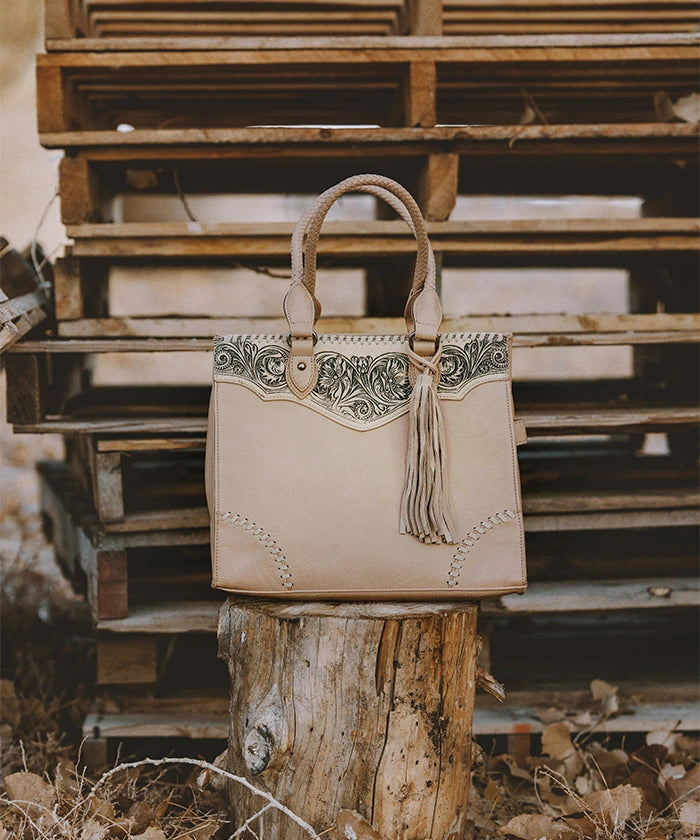 Montana West Genuine Leather Tooled Fringe Tote Bag for Women - Stylish Western Handbag for Work, Travel & Everyday Use