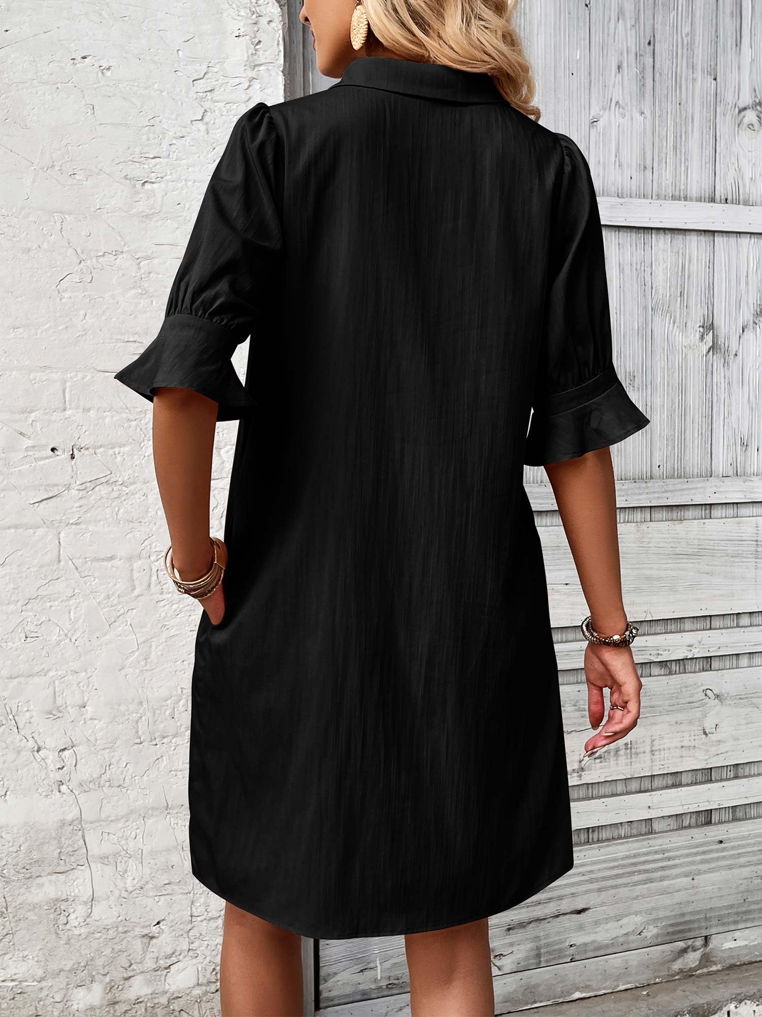 FENSACE Women's Casual Shirt Dress with Ruffle Sleeves & Pockets - Button Down Summer Shift Dress for Work, Travel & Beach Outings