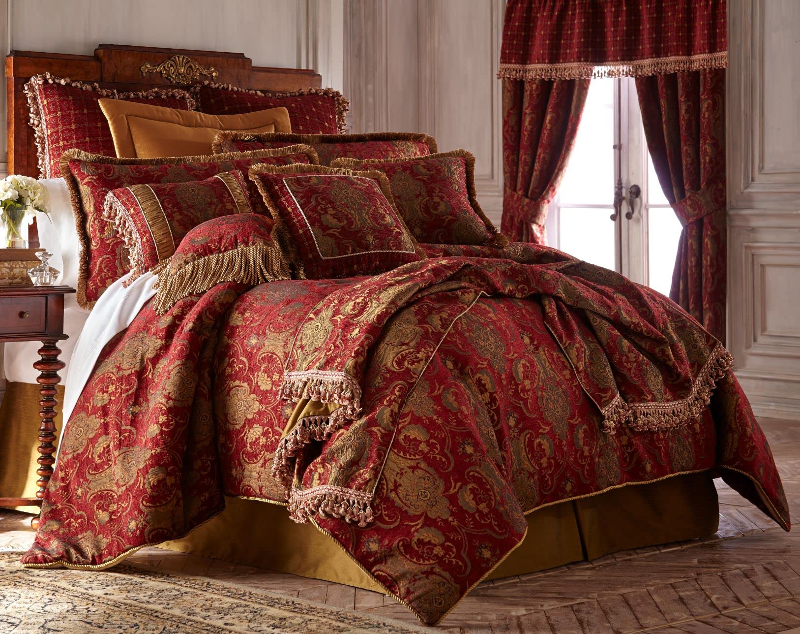 Sherry Kline Luxury Floral King Size 6-Piece Comforter Set with Bed Skirt, 2 Shams & 2 Pillowcases - Red China Art Bedding Collection | Perfect for Master Bedroom, Guest Room & Stylish Home Decor