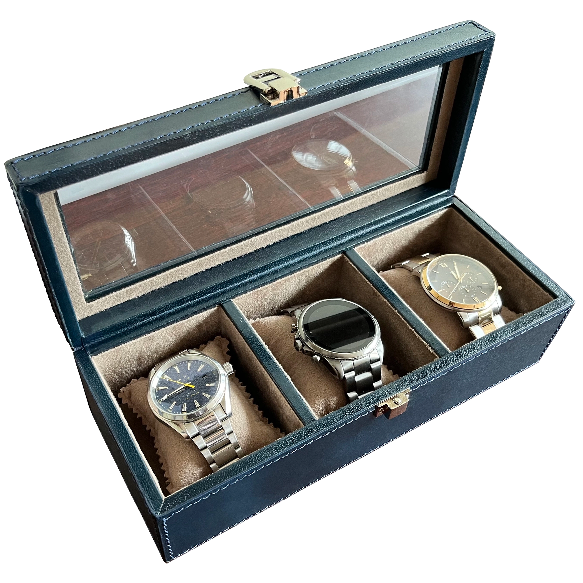 Premium Genuine Leather Watch Case with 3 Slots - Blue | Luxury Watch Storage & Travel Organizer for Men & Women | Perfect for Home, Office & Travel Accessories