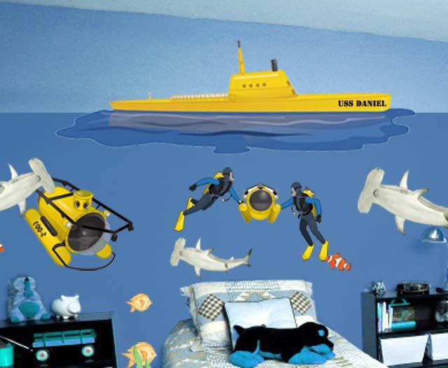 Underwater Submarine Mural Wall Decal - Ocean Themed Kids Room Decor, Nursery Art, Playroom Wall Sticker for Bedroom & Classroom