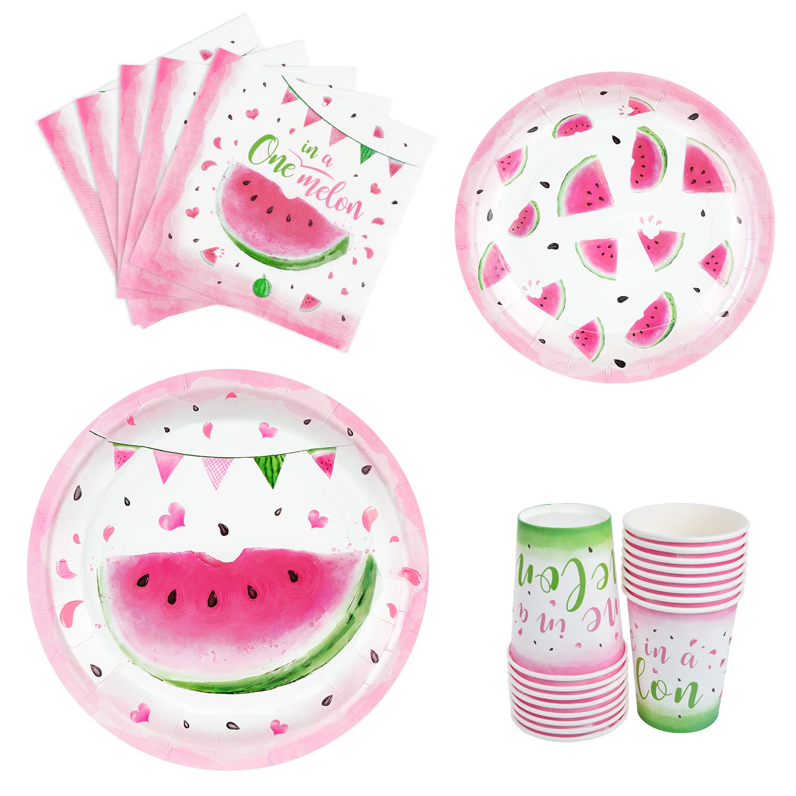 WERNNSAI Watermelon Party Tableware Set - 16-Piece Disposable Pink Watermelon Plates, Napkins & Cups for Birthday, Baby Shower & Summer Parties | 1st Birthday Decorations for Girls | Eco-Friendly Party Supplies for Outdoor Picnics & Backyard Celebrations