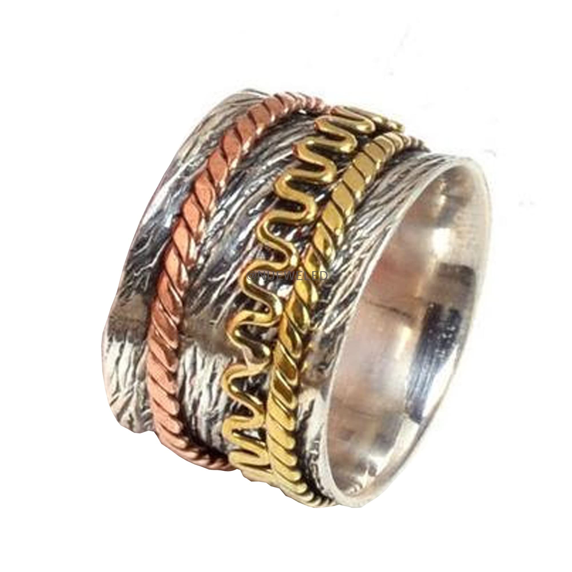 Elegant Spinner Ring for Women - 925 Sterling Silver Anxiety Ring with Brass & Copper Bands, Textured Meditation Jewelry for Stress Relief & Focus - Perfect for Yoga, Work & Daily Wear