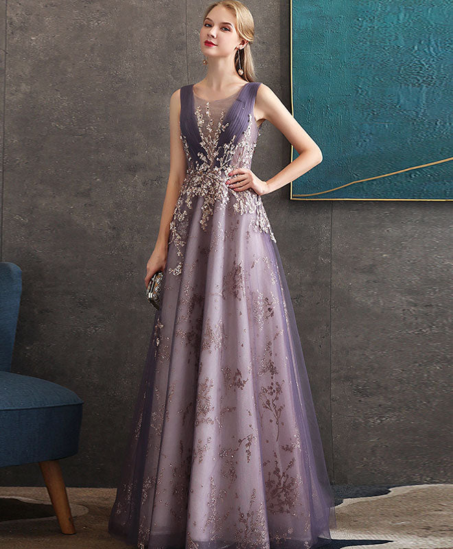 Elegant Purple Tulle Lace Round Neck Long Prom Dress - Formal Evening Gown for Homecoming, Wedding, Ball & Special Occasions