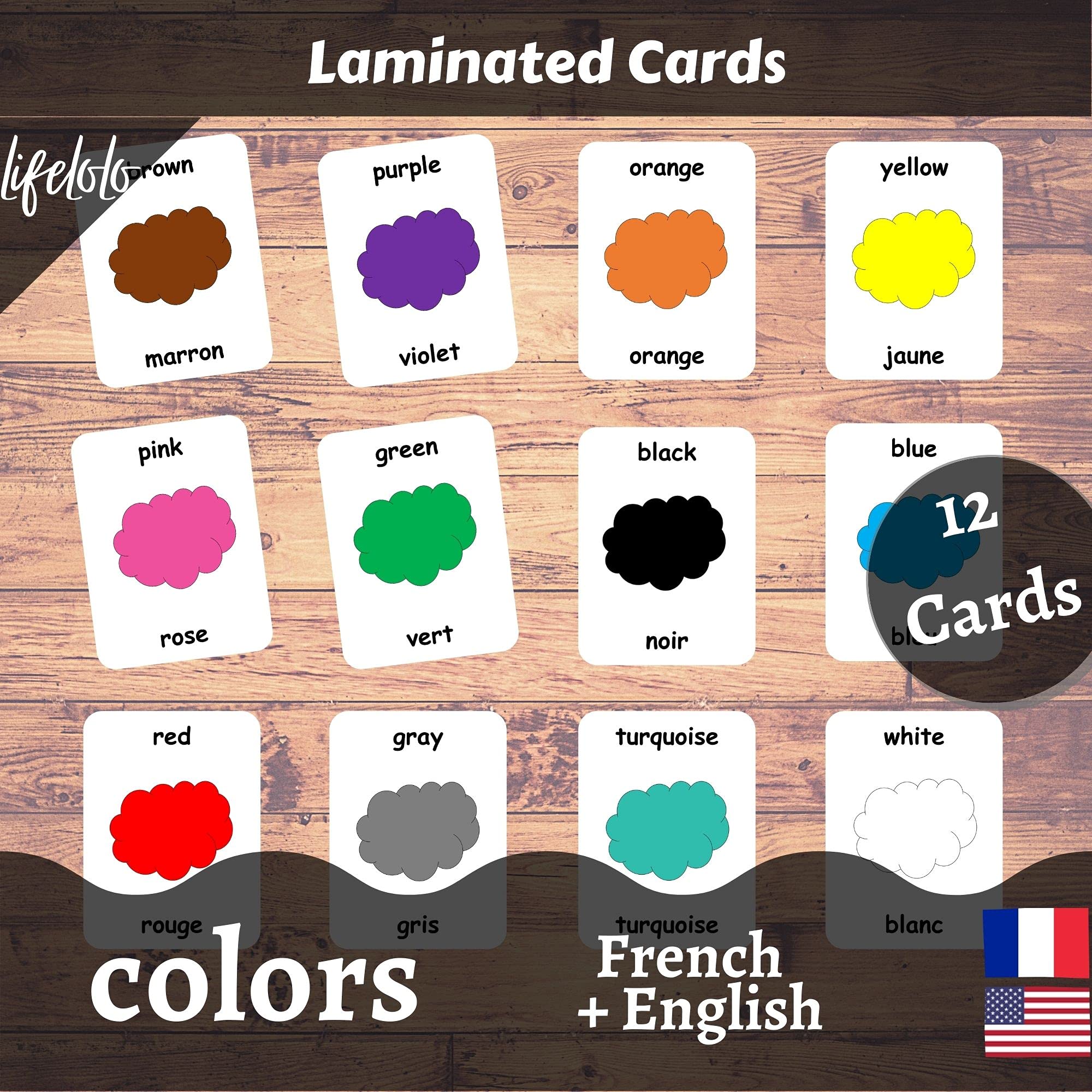 12 Bilingual Flash Cards - English & French | Montessori & Homeschooling Educational Materials | Colors Learning for Kids | Classroom & Home Use