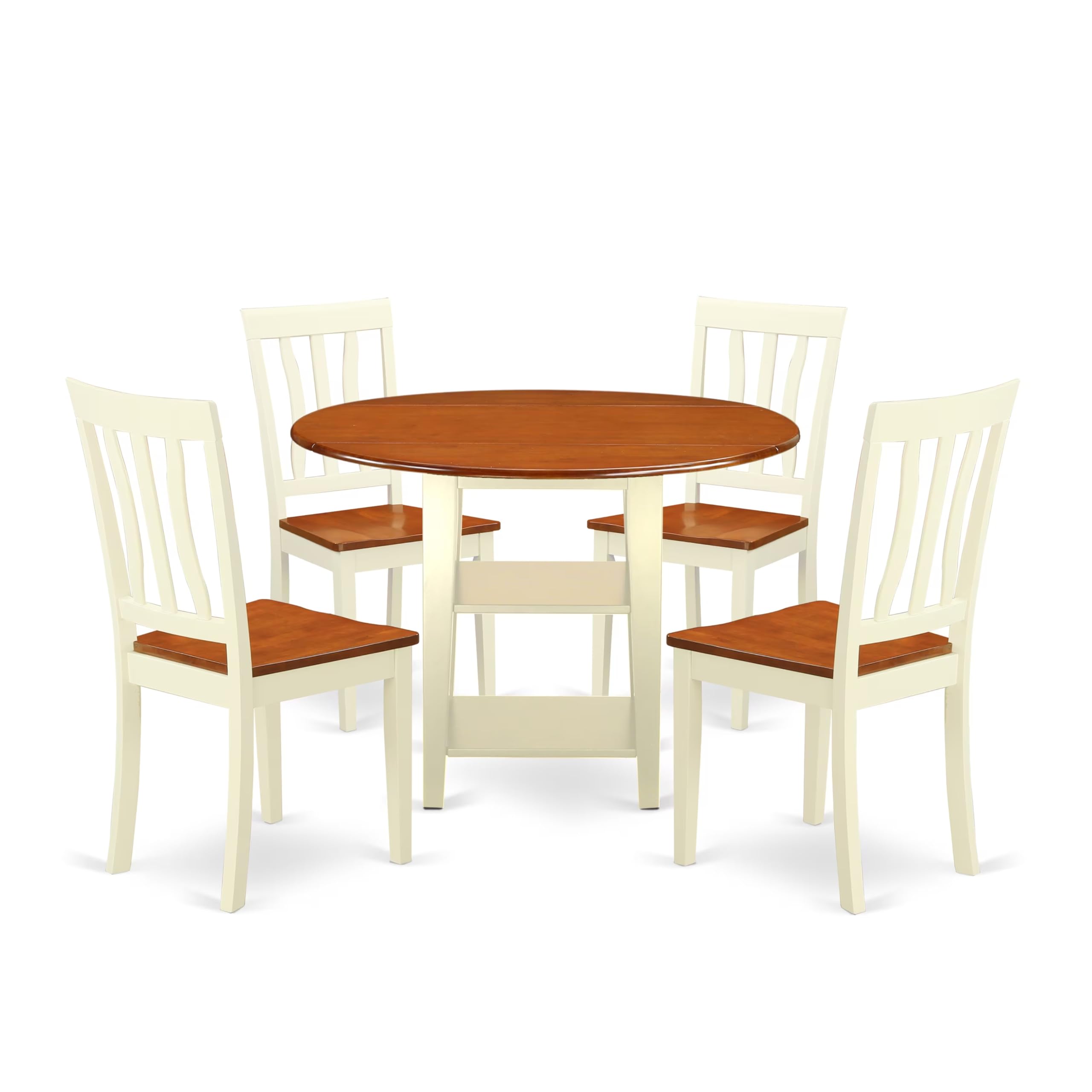 East West Furniture SUAN5-BMK-W 5-Piece Modern Dining Room Set - Round Wooden Table with Drop Leaf & Shelves, 4 Chairs, 42x42 Inch, Buttermilk & Cherry - Perfect for Small Spaces, Breakfast Nooks & Cozy Apartments