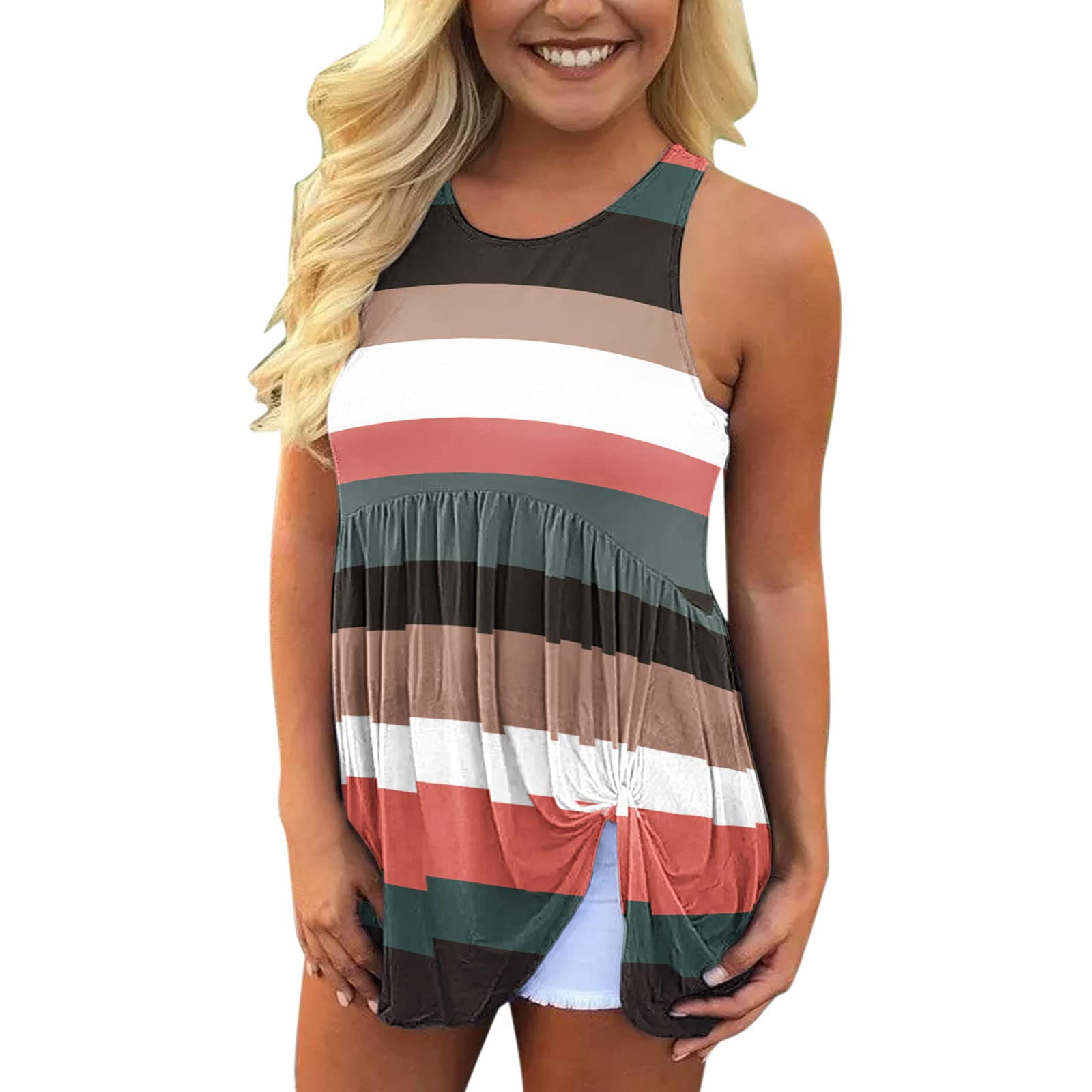 Women's Casual Striped Tank Tops - Colorful Round Neck Loose Fit Ruffled Twist Blouse for Summer, Beach, and Everyday Wear