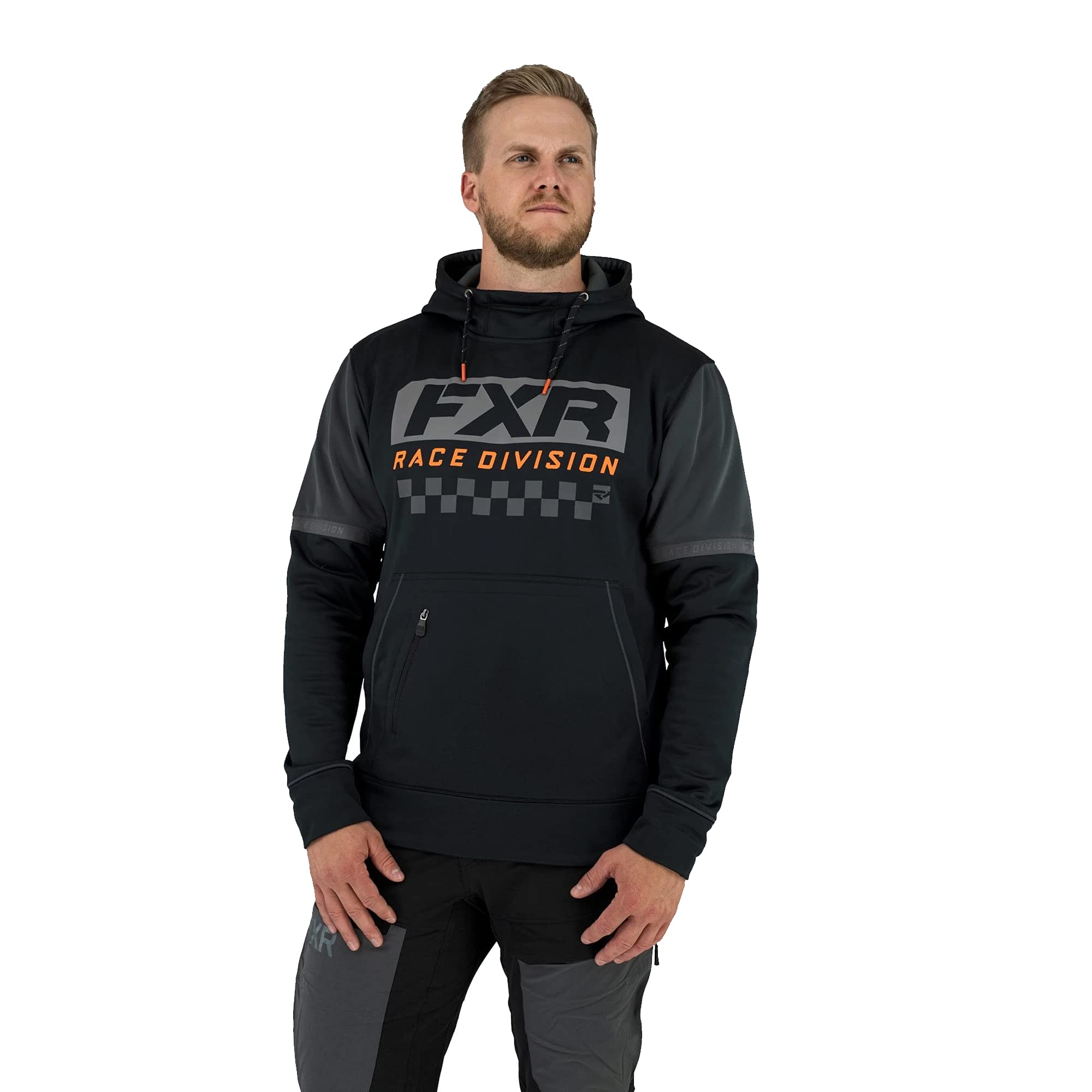 FXR Black & Orange Race Division Tech Pullover Hoodie - Men's Fleece-Lined Polyester Blend for Motorcycle Racing & Outdoor Sports