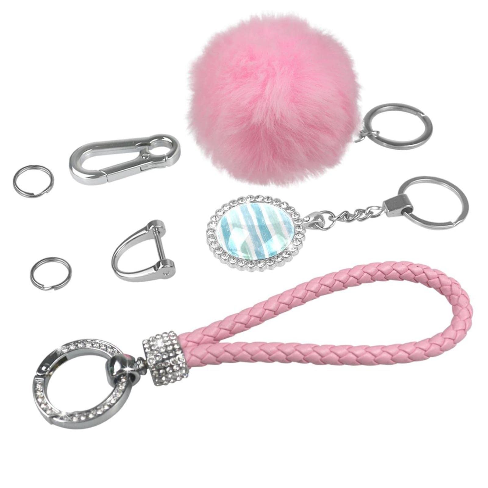 D-Shape Car Keychain Set with Pom Pom, Carabiner Clip & Crystal Bling - Stylish Key Rings for Women & Girls - Perfect for Keys, Bags, Umbrellas & Everyday Accessories