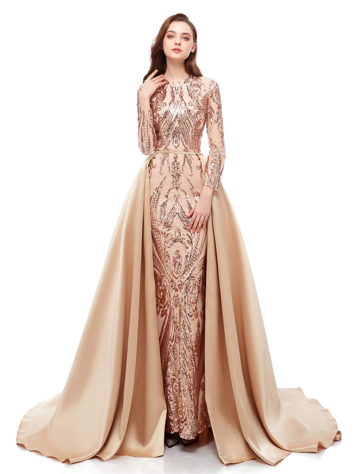 Elegant Women's Long Sleeve Sequin Mermaid Evening Dress with Detachable Train - Formal Party Gown for Prom, Wedding, Red Carpet & Special Occasions