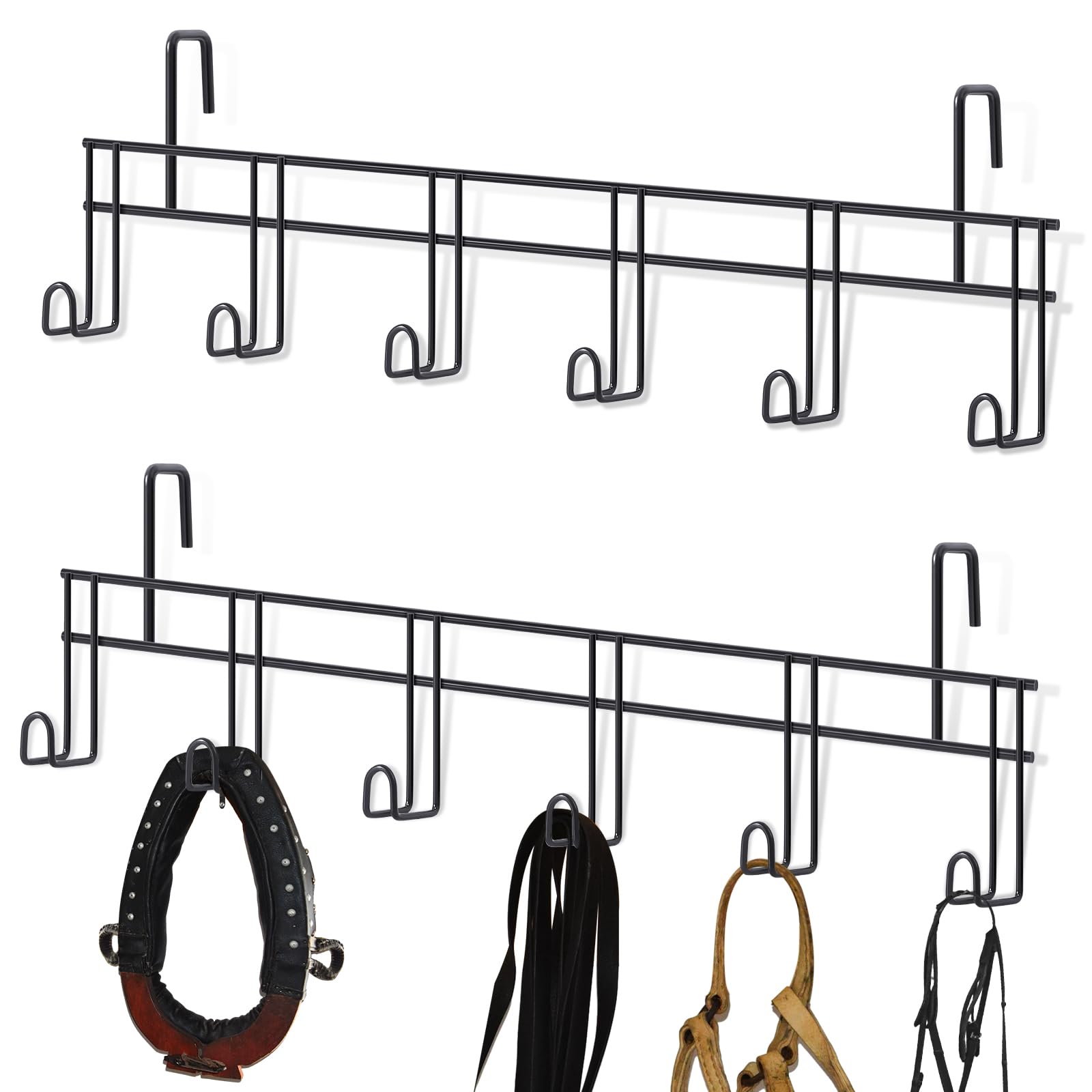 2 Pack Heavy Duty 6-Hook Metal Horse Bridle Hanger - Black Wall Mount Tack Rack for Halter, Blanket & Saddle Storage - Perfect for Stable, Barn & Equestrian Room Organization