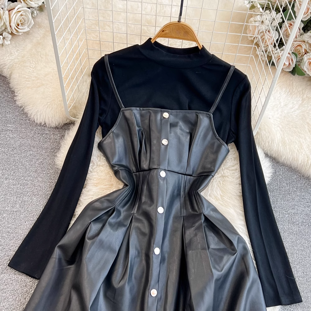 Stylish Autumn & Winter Two-Piece Set - A-Line PU Leather Suspender Dress 1476 | Perfect for Office, Party & Holiday Outfits