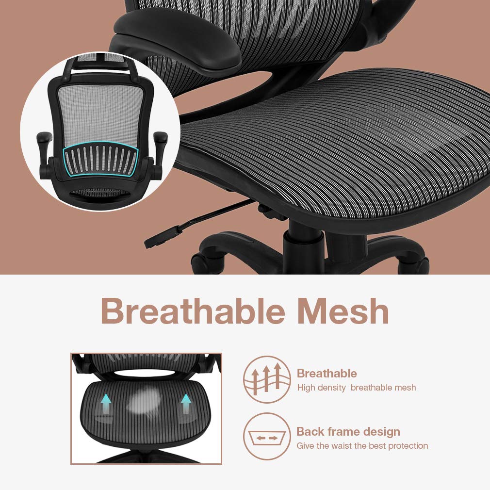 Ergonomic Office Chair with Lumbar Support & Headrest - Adjustable Mesh Computer Desk Chair with Flip-Up Arms, Swivel & Rolling Wheels - Comfortable Task Chair for Adults (Grey) - Perfect for Home Office, Gaming & Workspace
