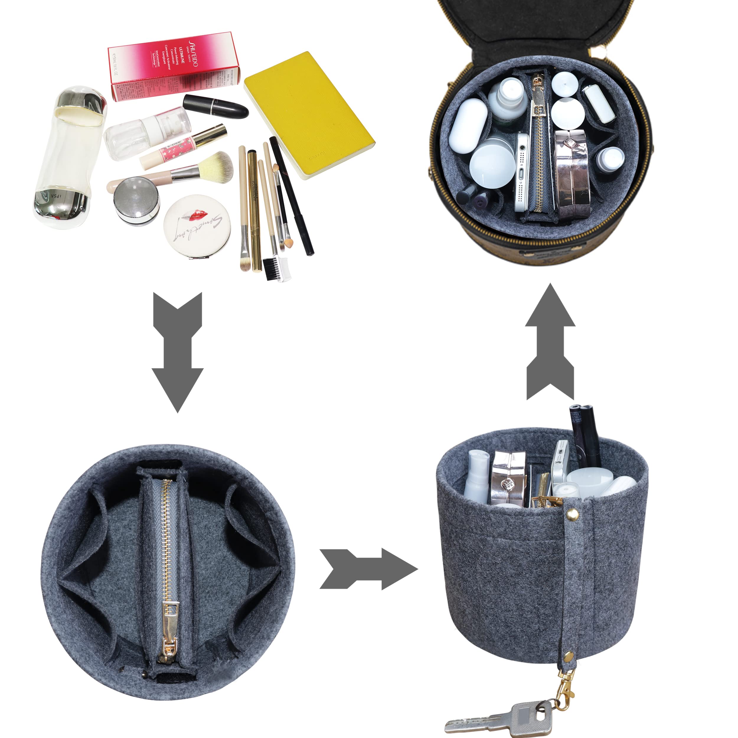 Soyizom Felt Cylinder Bucket Bag Organizer Insert with Detachable Pouch & Keychains - Perfect for Barrel Shaped Purses, Handbags, Travel & Daily Use (Grey)
