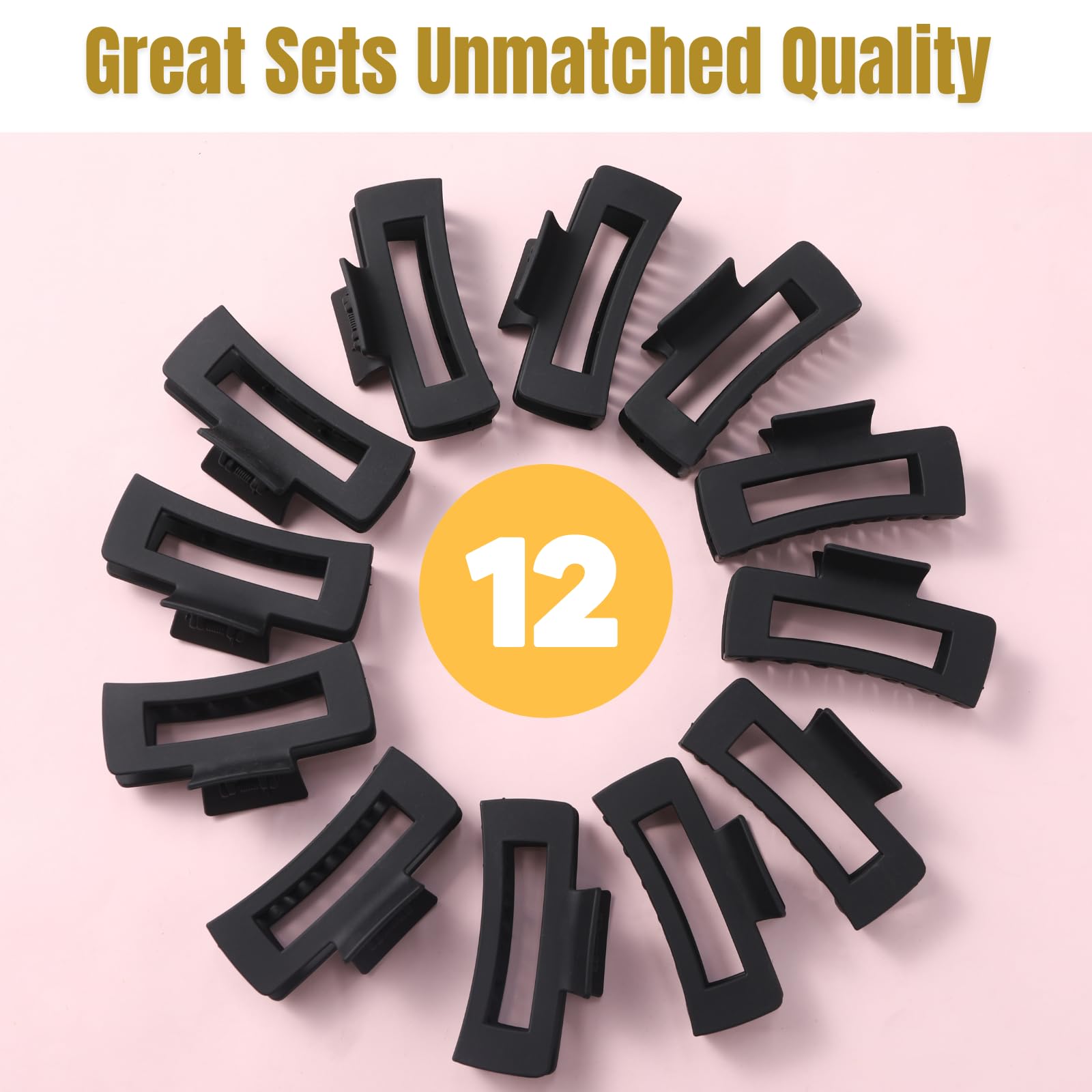 12 Pcs Black Large Square Hair Claw Clips for Women - 4.3 Inch Matte Rectangle Hair Claw Clips with Strong Hold & Non-Slip Grip for Thick & Thin Hair - Perfect for Updos, Ponytails & Everyday Hairstyles
