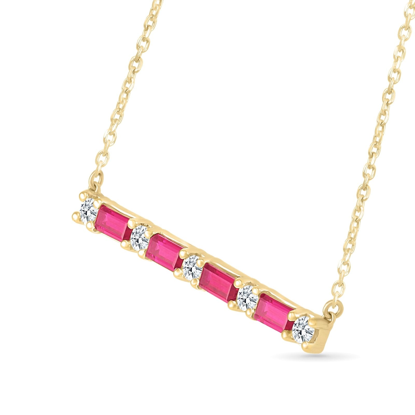 Emerald Cut Ruby and Round White Sapphire Bar Necklace - 10k Solid Yellow Gold Dainty Jewelry for Women, Gift for Her, Anniversary, Birthday, Valentine's Day