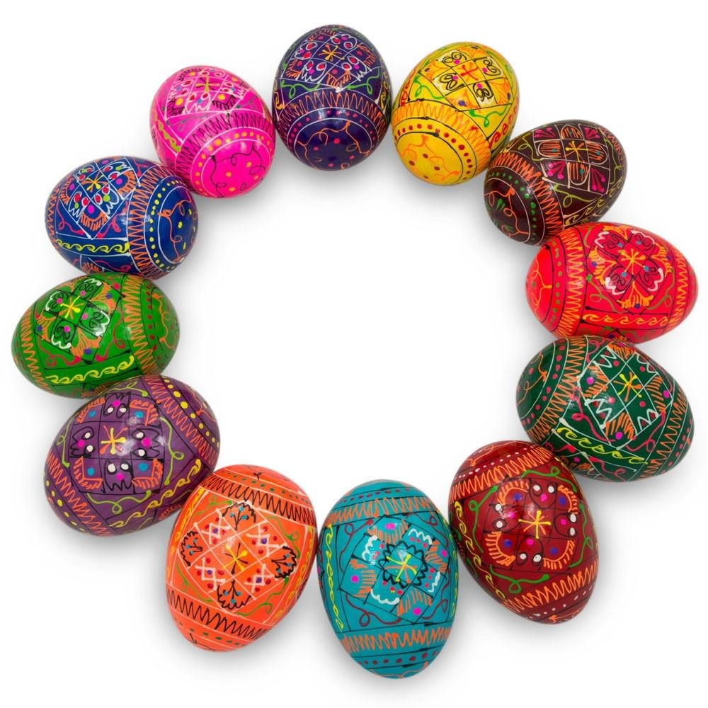 12 Geometric Wooden Ukrainian Easter Eggs - 2.5