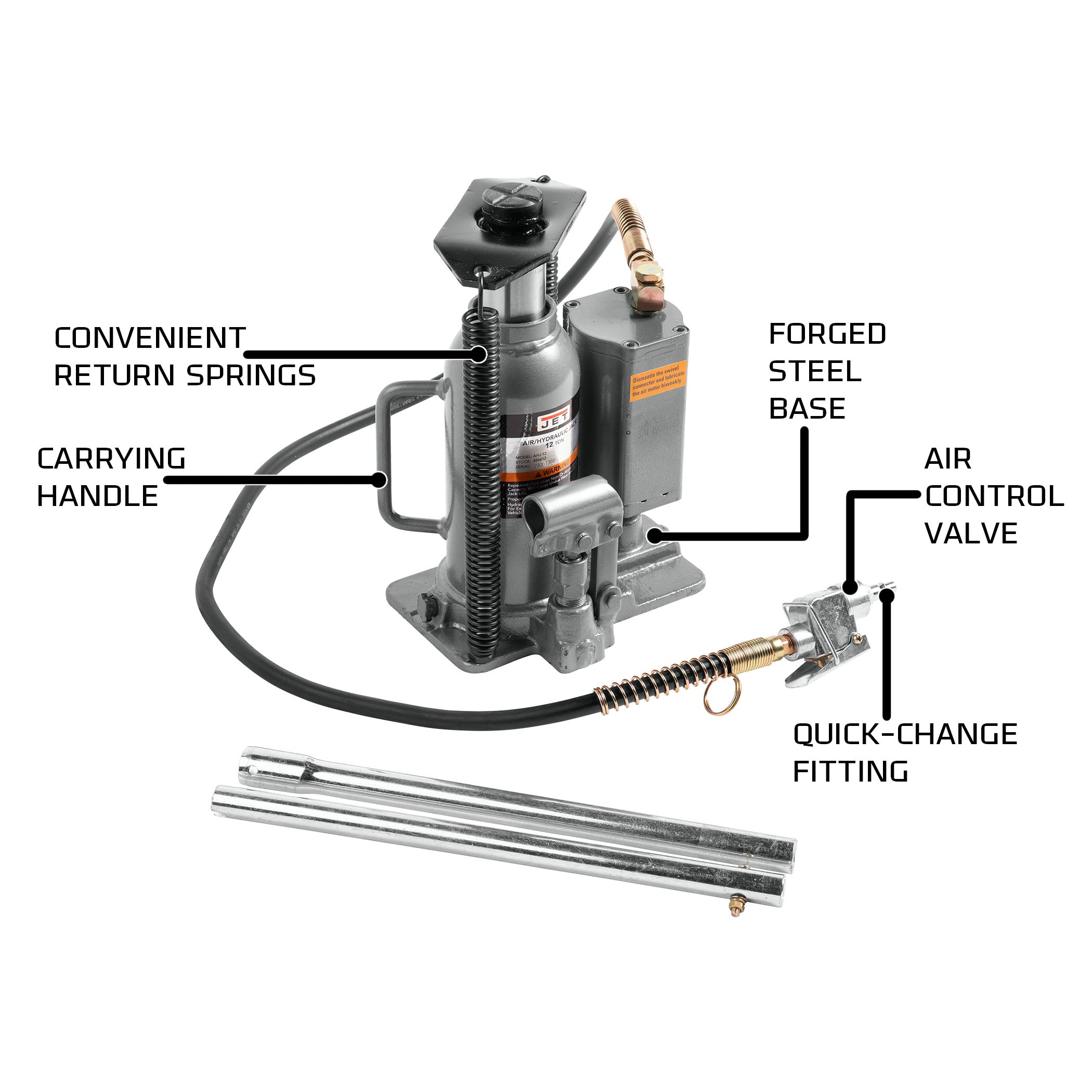 12-Ton Air/Hydraulic Bottle Jack - Heavy Duty Car Lift for Trucks, SUVs & Trailers - JET AHJ-12 - Perfect for Auto Repair Shops, Emergency Roadside Assistance & Home Garage Use