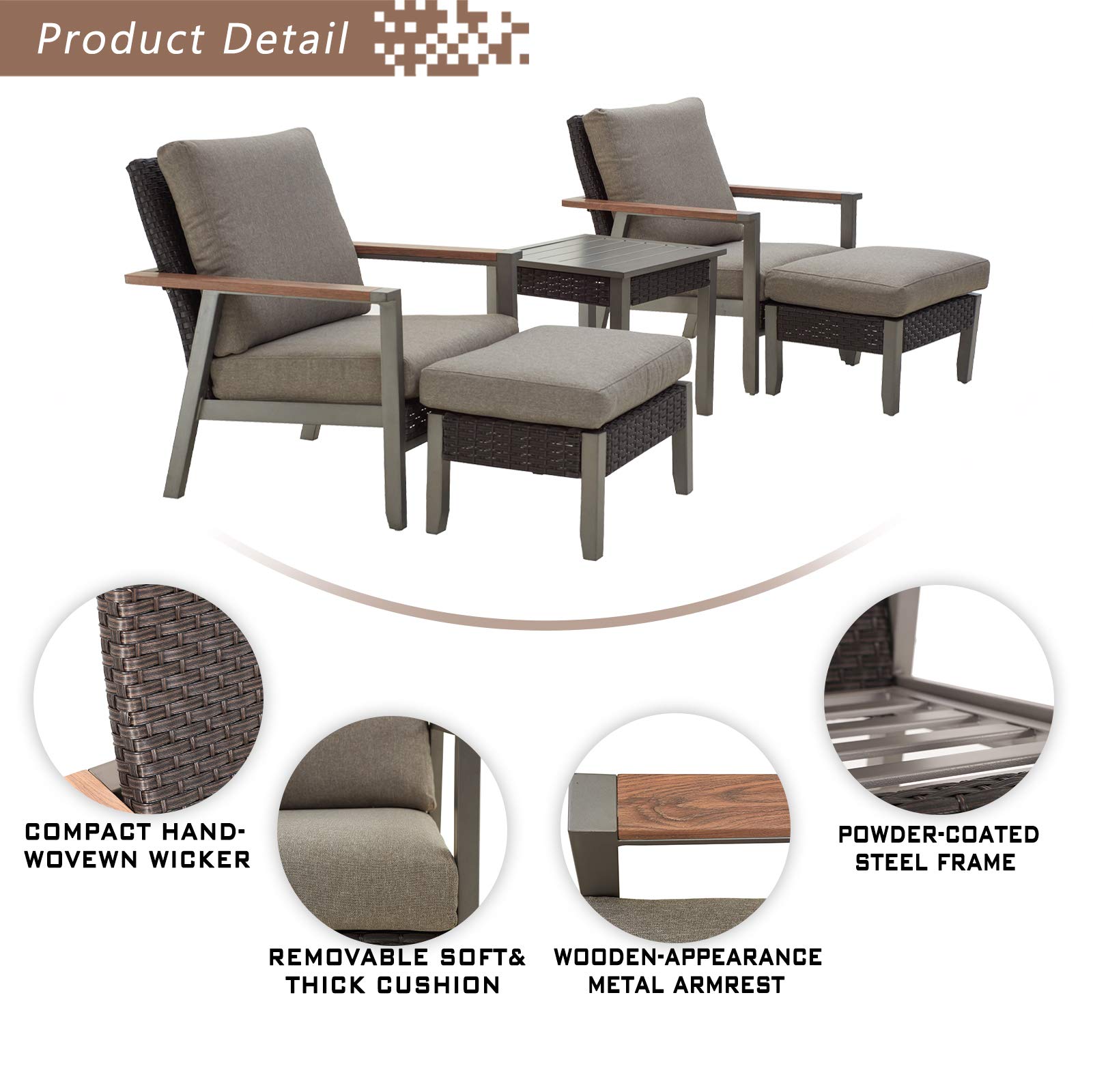 5-Piece Outdoor Patio Furniture Set with Conversation Chairs, Cushions, Ottomans & Square Coffee Table - Metal Frame Garden Bistro Seating with Thick Soft Cushions (Grey) - Perfect for Backyard, Poolside, and Outdoor Entertaining