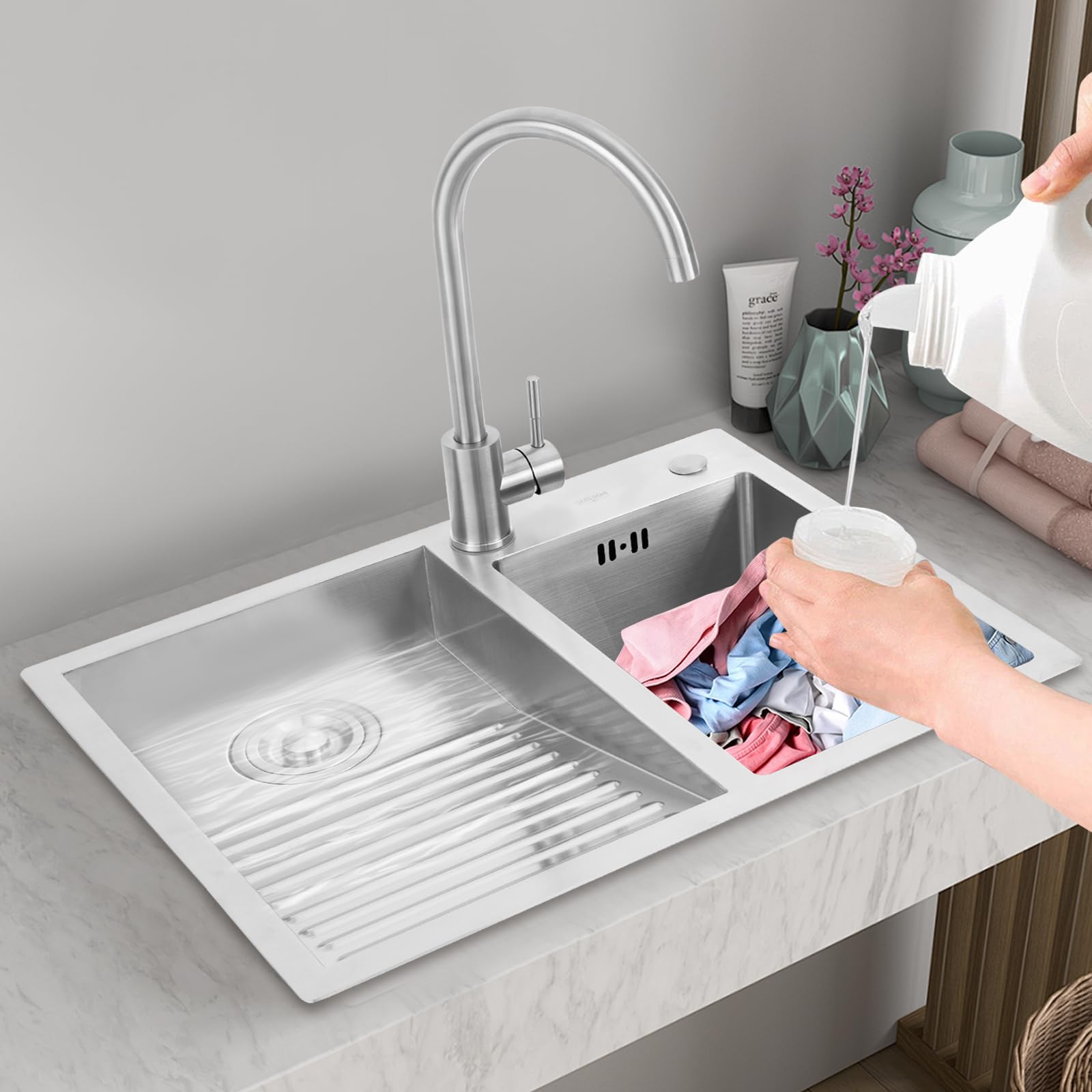 Stainless Steel Laundry Utility Sink with Washboard - 23.62 Inch Double Basin Bathroom & Utility Sink with Faucet - Easy to Clean Indoor/Outdoor Use - Perfect for Laundry Room, Basement, Garage & RV (23.62x18.89in Left Side Washboard Included)