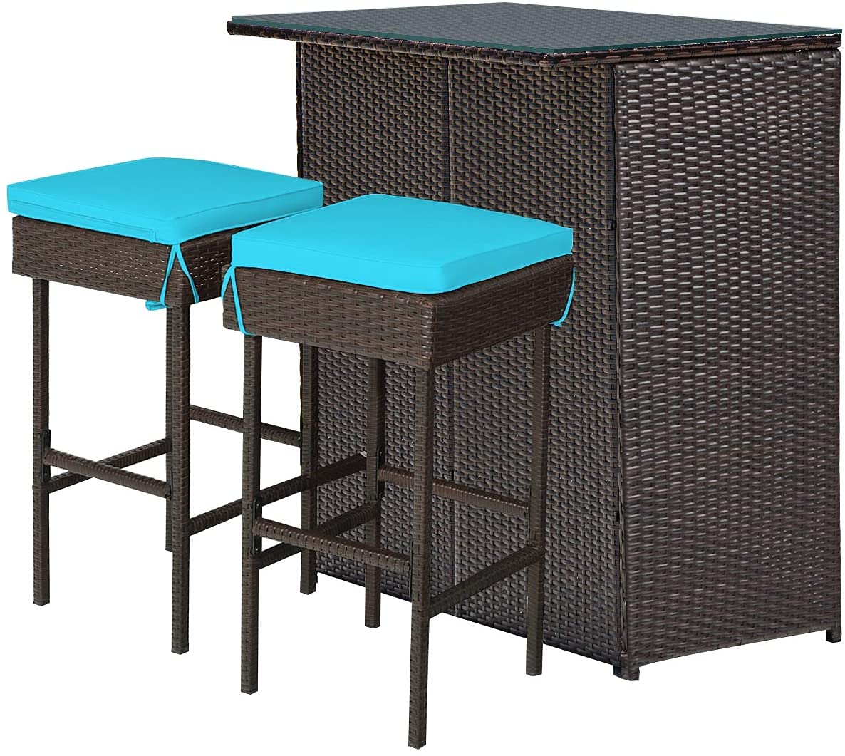 3-Piece Outdoor Patio Bar Set with Glass Top Table & 2 Cushioned Rattan Stools - Wicker Furniture with Storage Shelves for Backyard, Poolside, Garden or Porch (Turquoise) - Perfect for Entertaining Guests or Relaxing Outdoors
