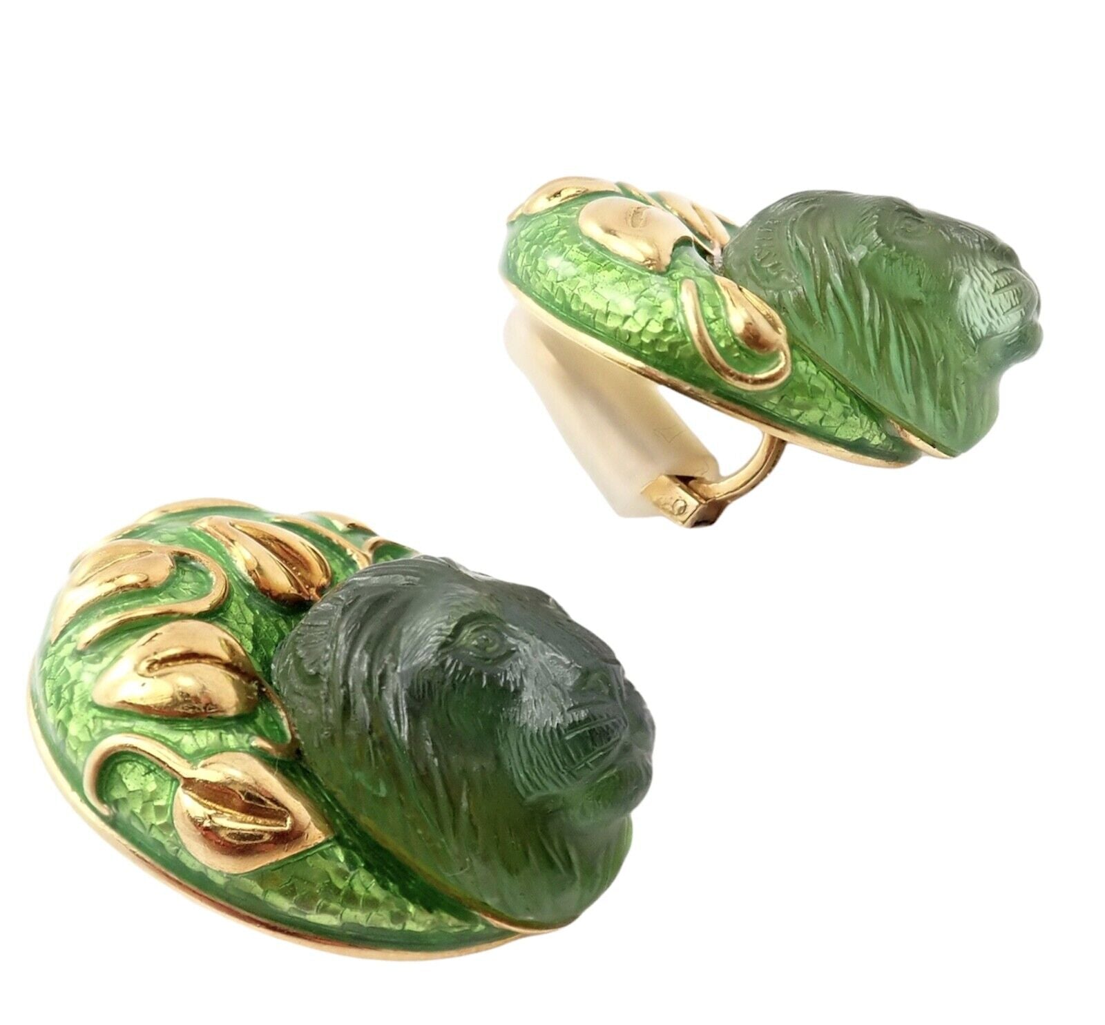 Elizabeth Gage 18k Yellow Gold Carved Green Tourmaline Enamel Lion Earrings - Luxury Statement Jewelry for Women, Perfect for Parties, Weddings & Special Occasions