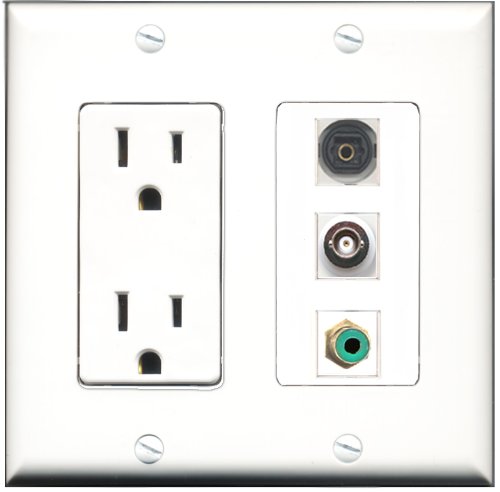 RiteAV 15 Amp Power Outlet Wall Plate with 1 RCA, 1 Toslink & 1 BNC Port - Decorative Multi-Purpose Wall Plate for Home Theater, Audio & Video Setup
