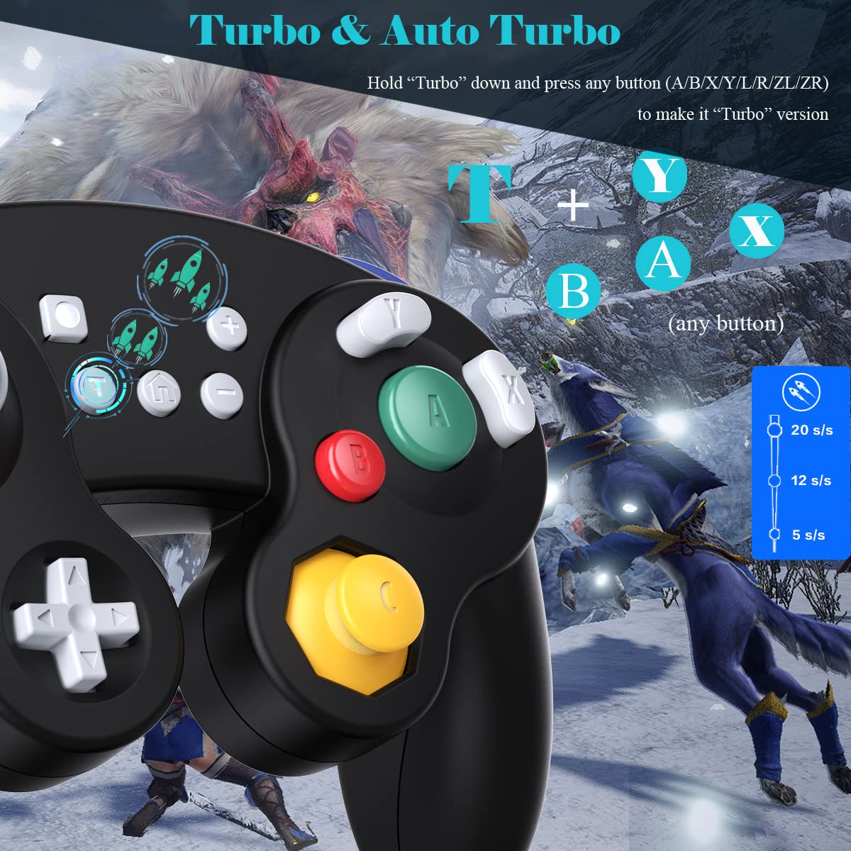 EXLENE Wireless Gamecube Controller for Nintendo Switch, Switch Lite, PC, Android, iOS & Steam - Pro Controller with Wake Up, Motion Control, Adjustable Rumble, Turbo & Auto Turbo (Upgraded Black) | Perfect for Gaming, Streaming & Multiplayer Sessions