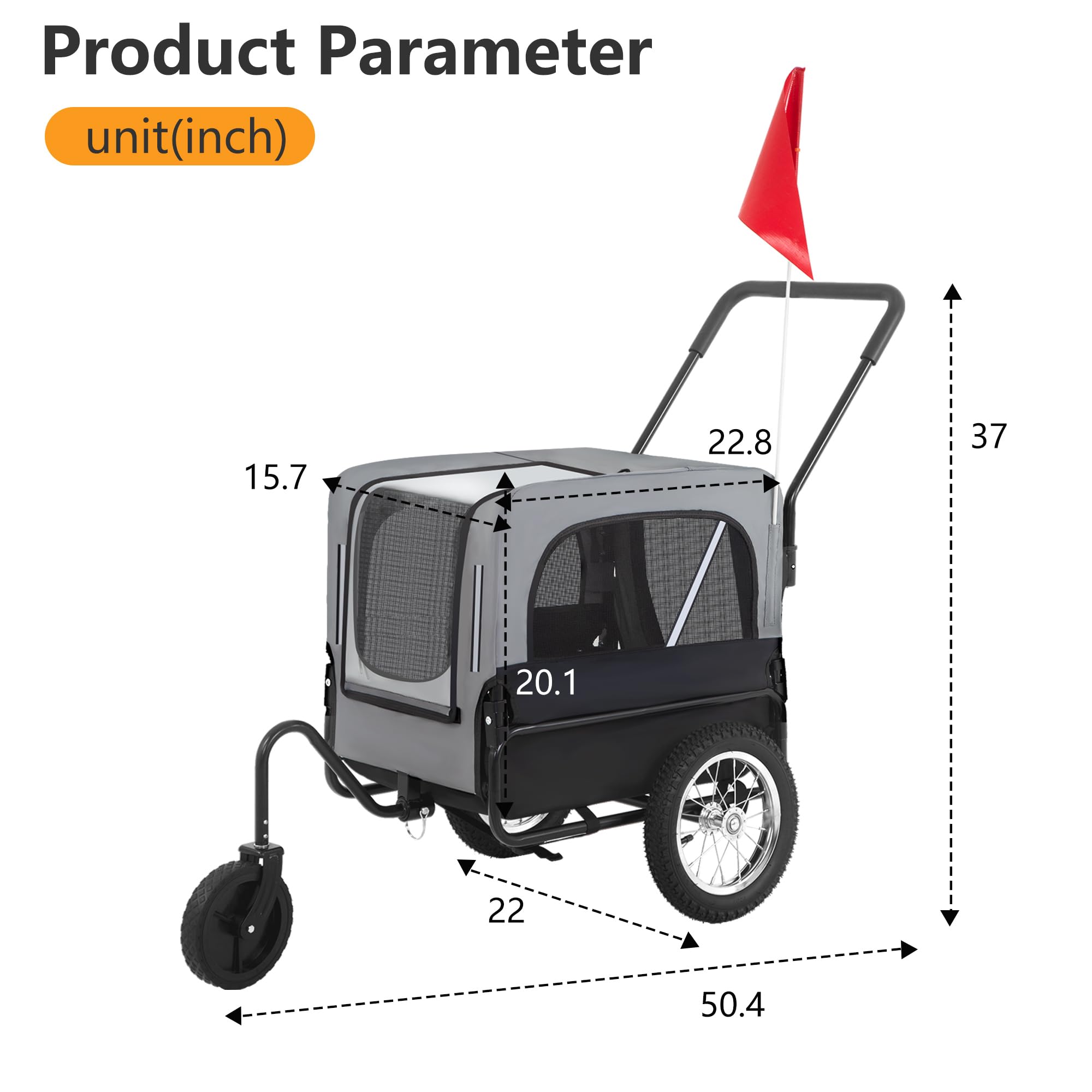 FDW 2-in1 Dog Bike Trailer & Pet Stroller - Convertible Bicycle Carrier with Hitch, Suspension, Safety Flag & Reflectors for Small Medium Large Dogs (Gray) - Perfect for Cycling, Jogging & Outdoor Adventures with Your Pet