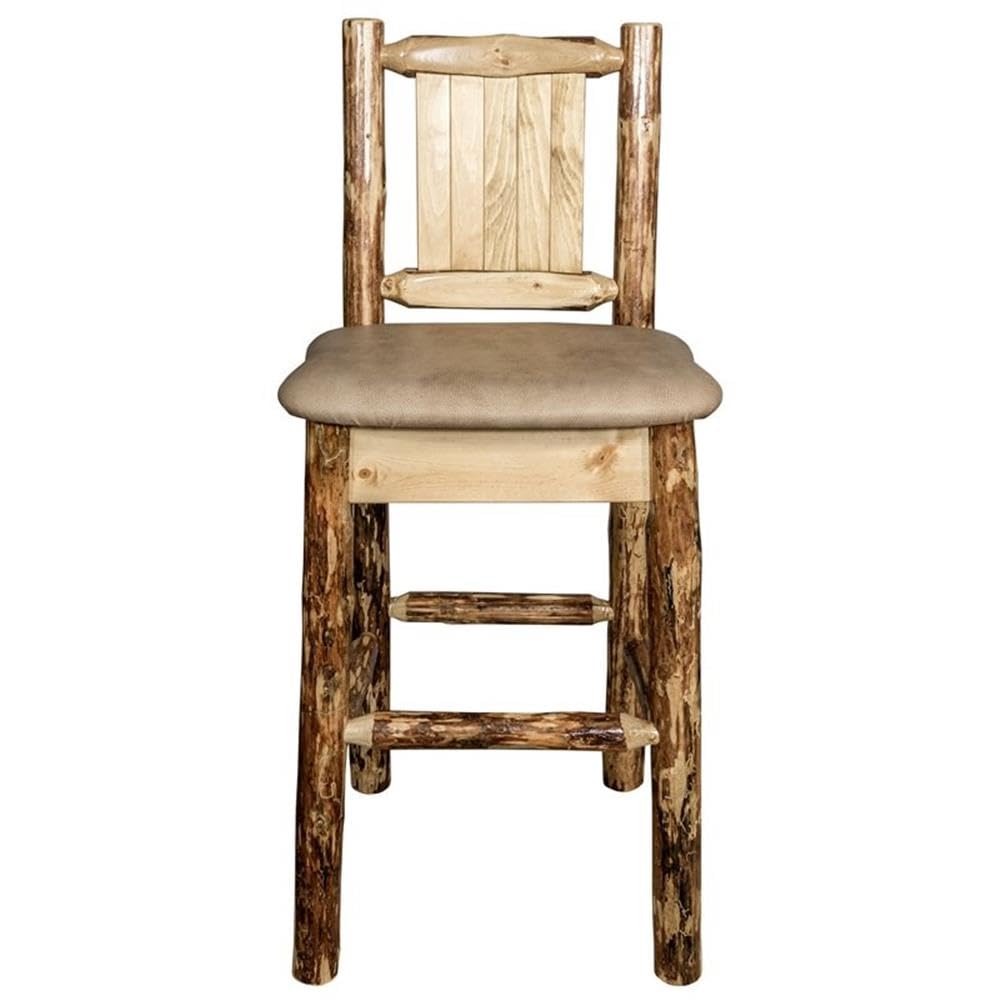 Montana Woodworks Glacier Country Collection Counter Height Barstool with Back - Buckskin Upholstery & Laser Engraved Bronc Design - Perfect for Kitchen Islands, Home Bars, and Rustic Dining Areas