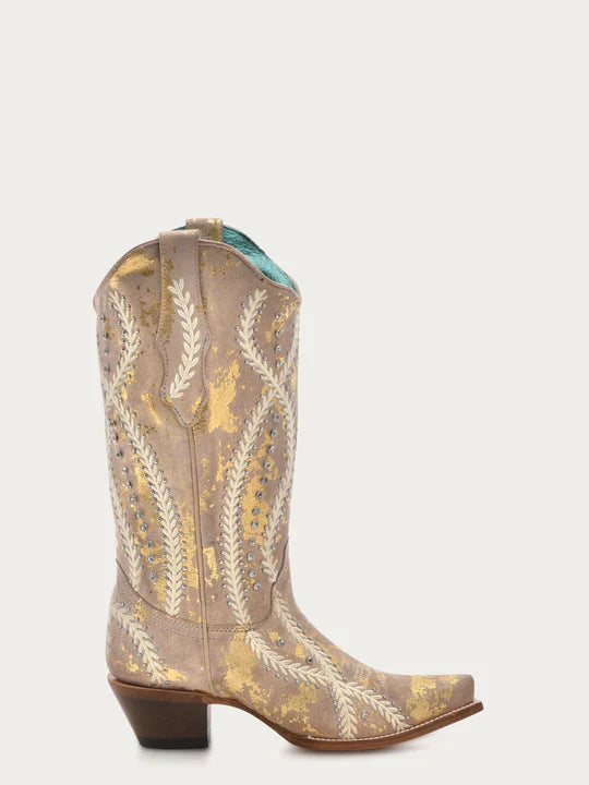 Women's White Embroidered Cowboy Boots with Crystals, Studs & Gold Accents - Stylish Snip Toe Western Boots for Country Music Festivals, Rodeos & Casual Outfits